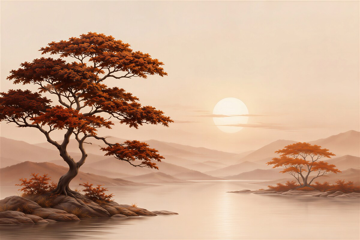 Fototapeta słońce zachodzi nad bonsai