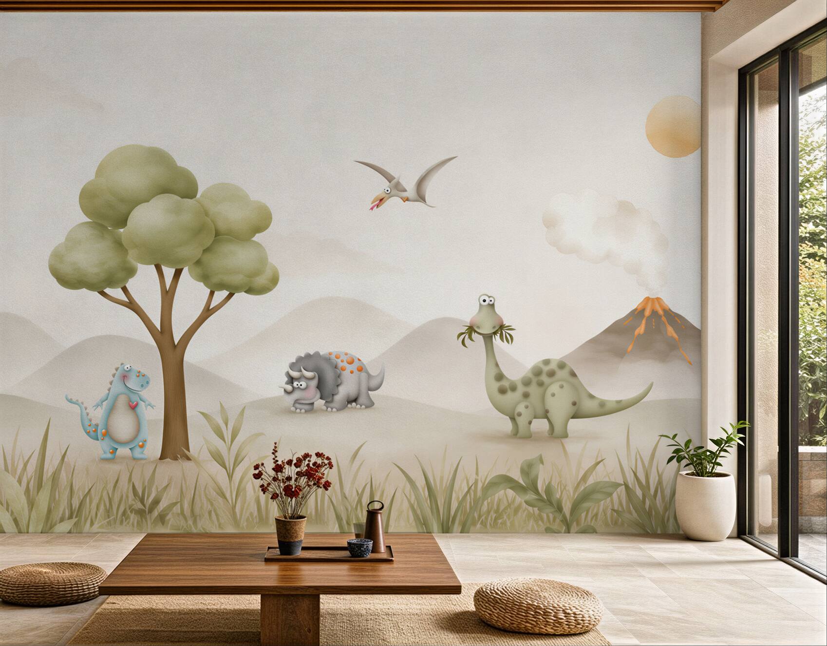 Fototapeta dinozaury spacerują obok wulkanu