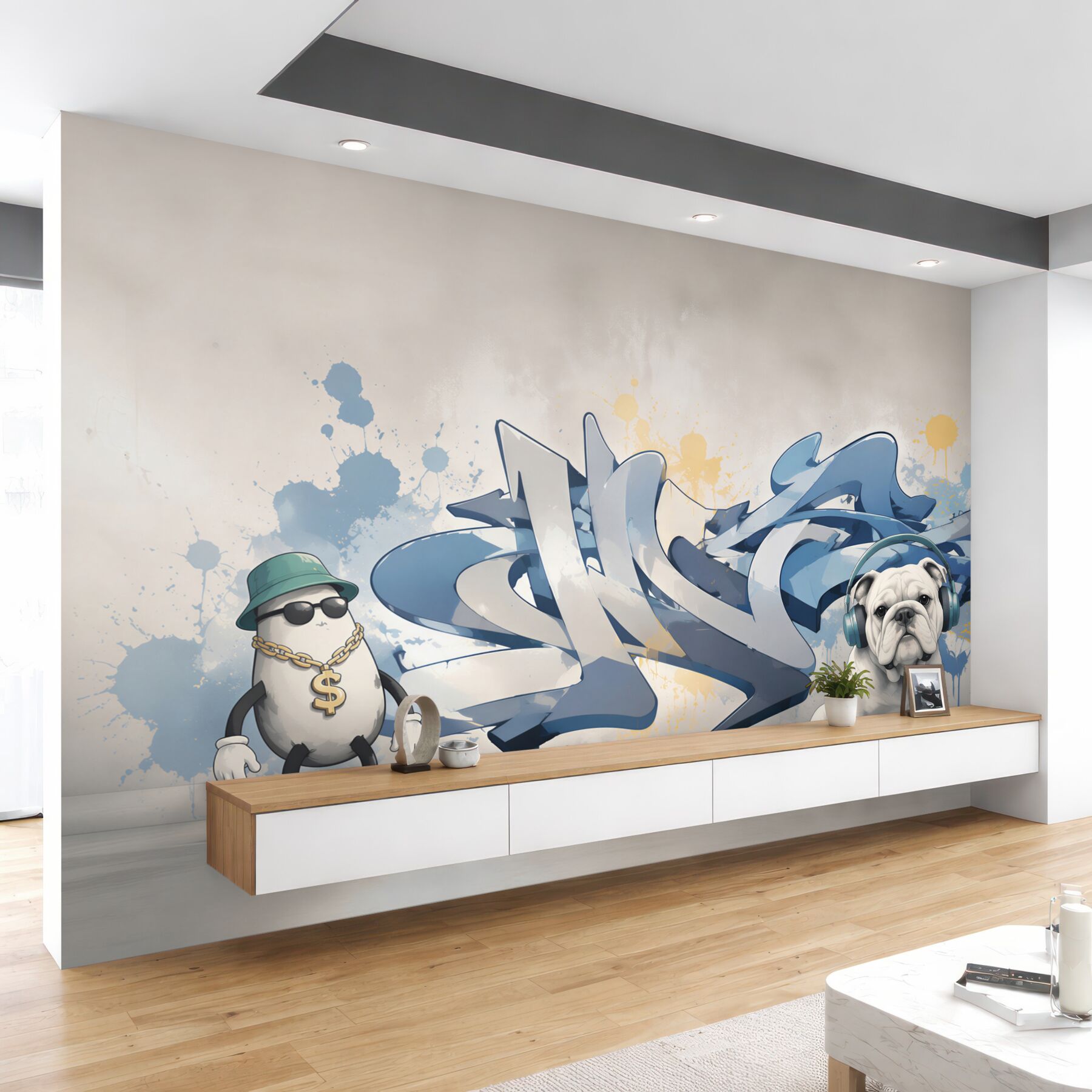 Fototapeta graffiti na ścianie ze zdjęciem psa w słuchawkach