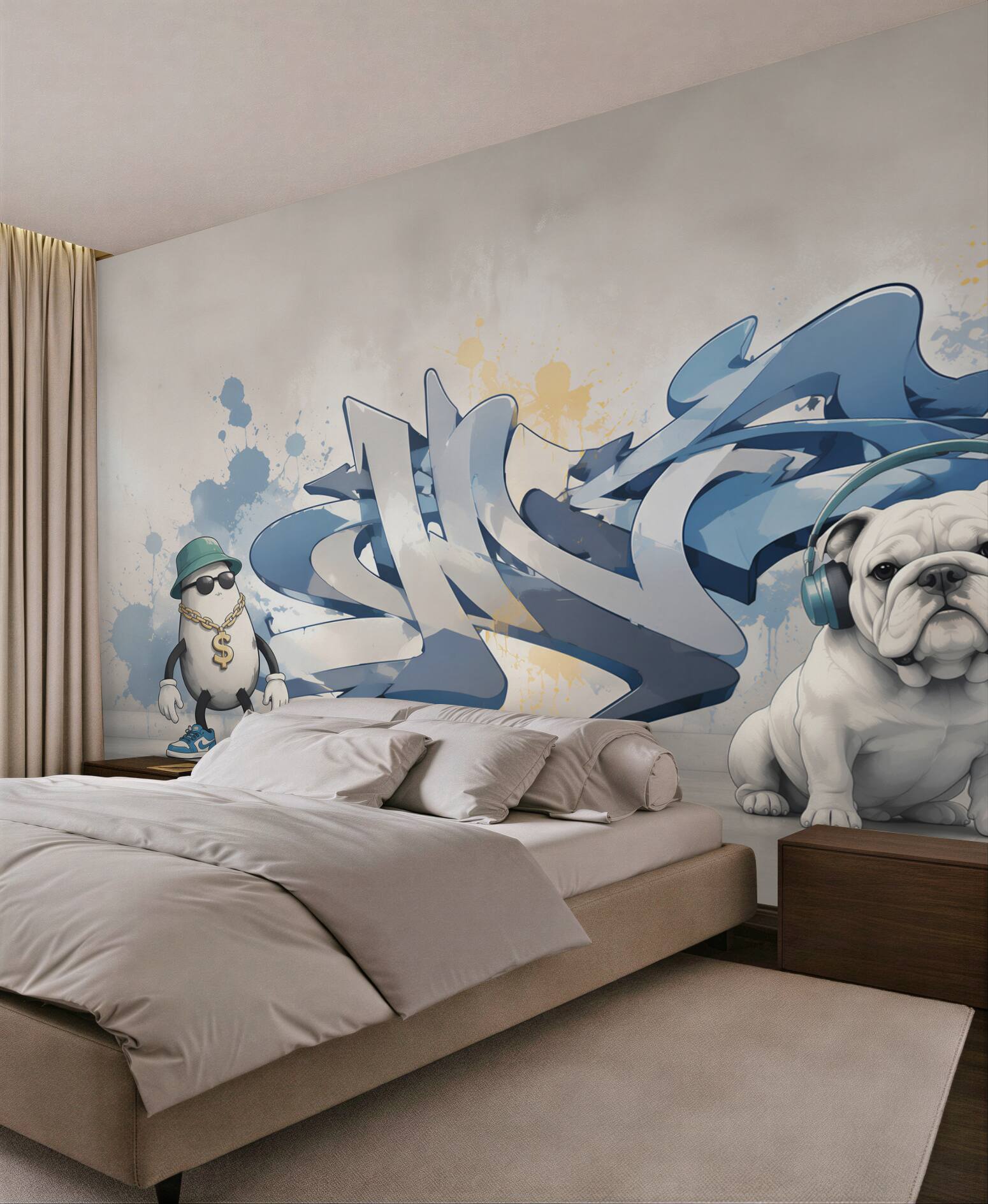 Fototapeta graffiti na ścianie ze zdjęciem psa w słuchawkach