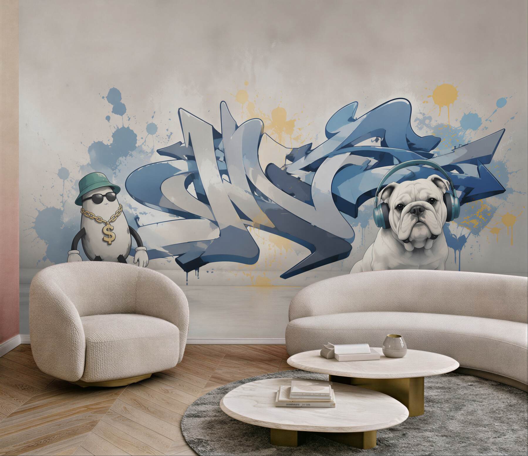 Fototapeta graffiti na ścianie ze zdjęciem psa w słuchawkach