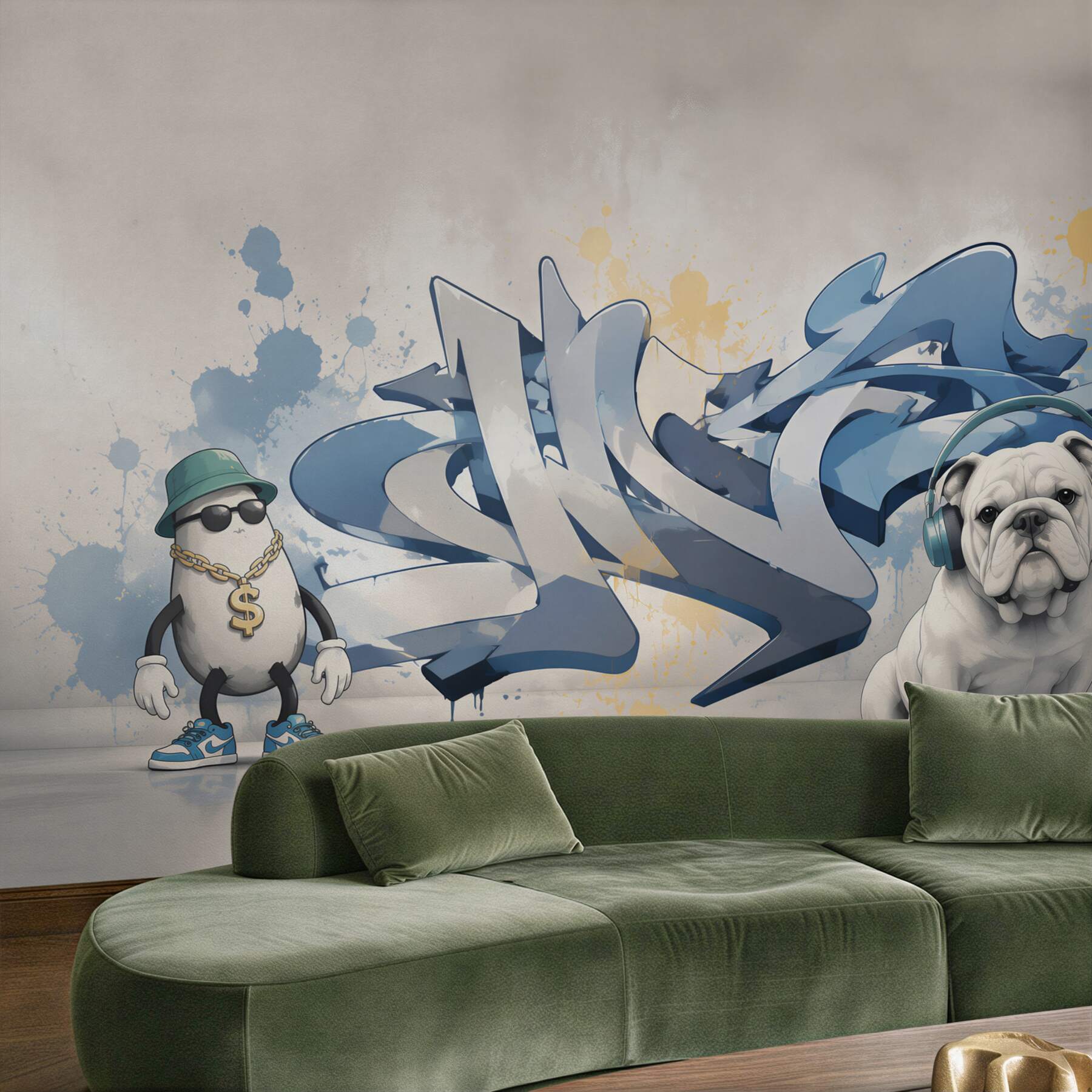 Fototapeta graffiti na ścianie ze zdjęciem psa w słuchawkach