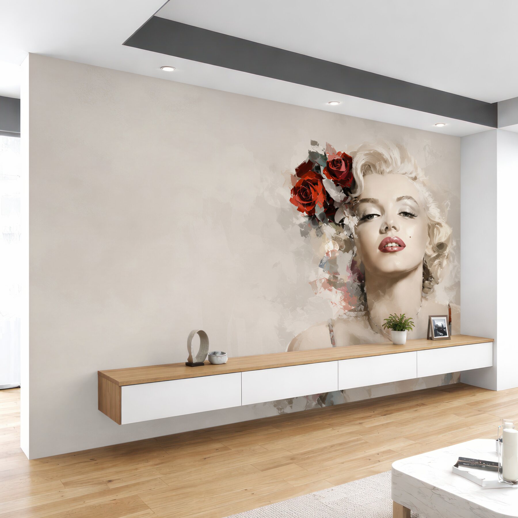 Fototapeta marilyn monroe z czerwonymi różami we włosach