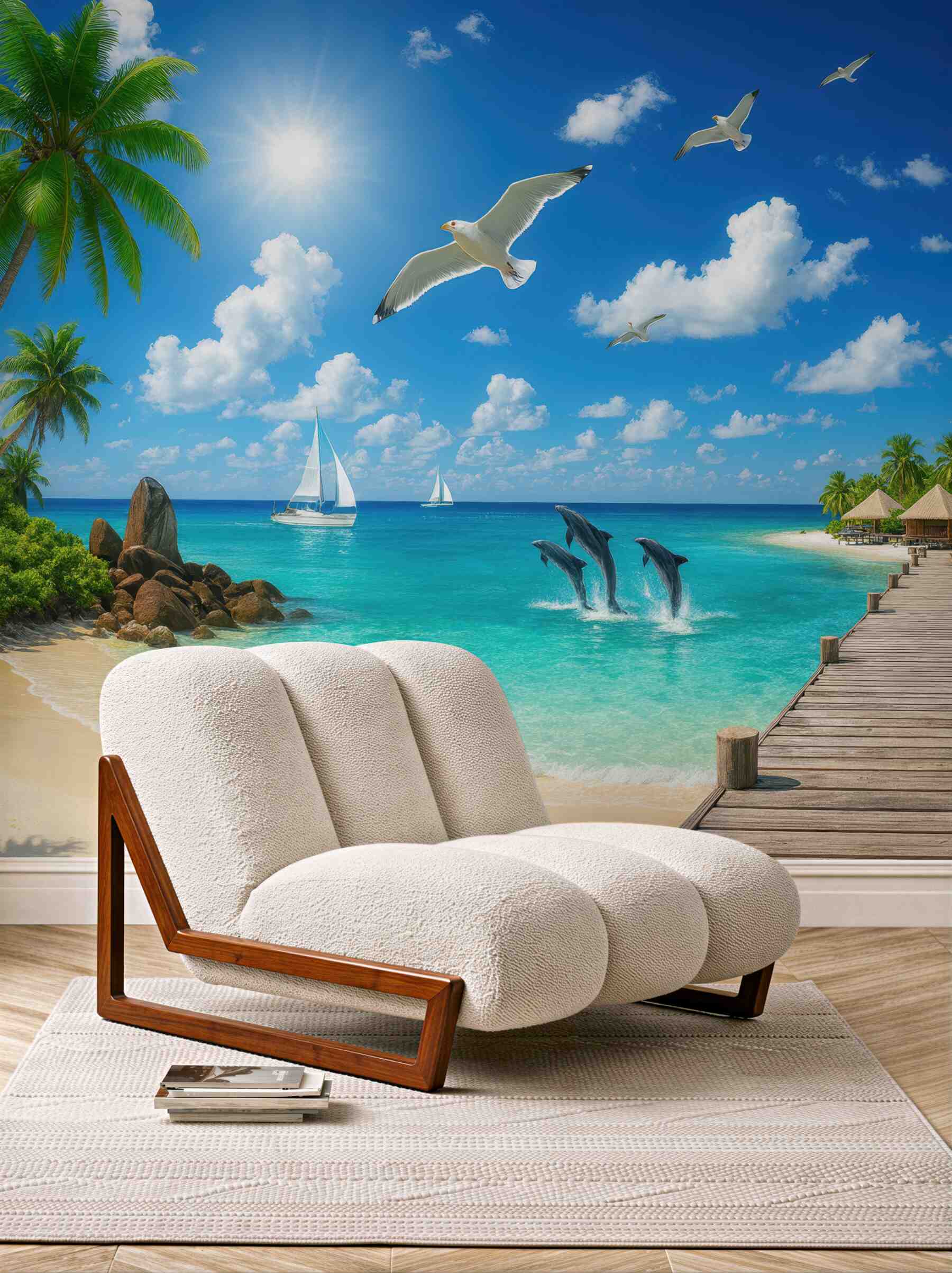 Fototapeta rajska plaża z delfinami i pomostem