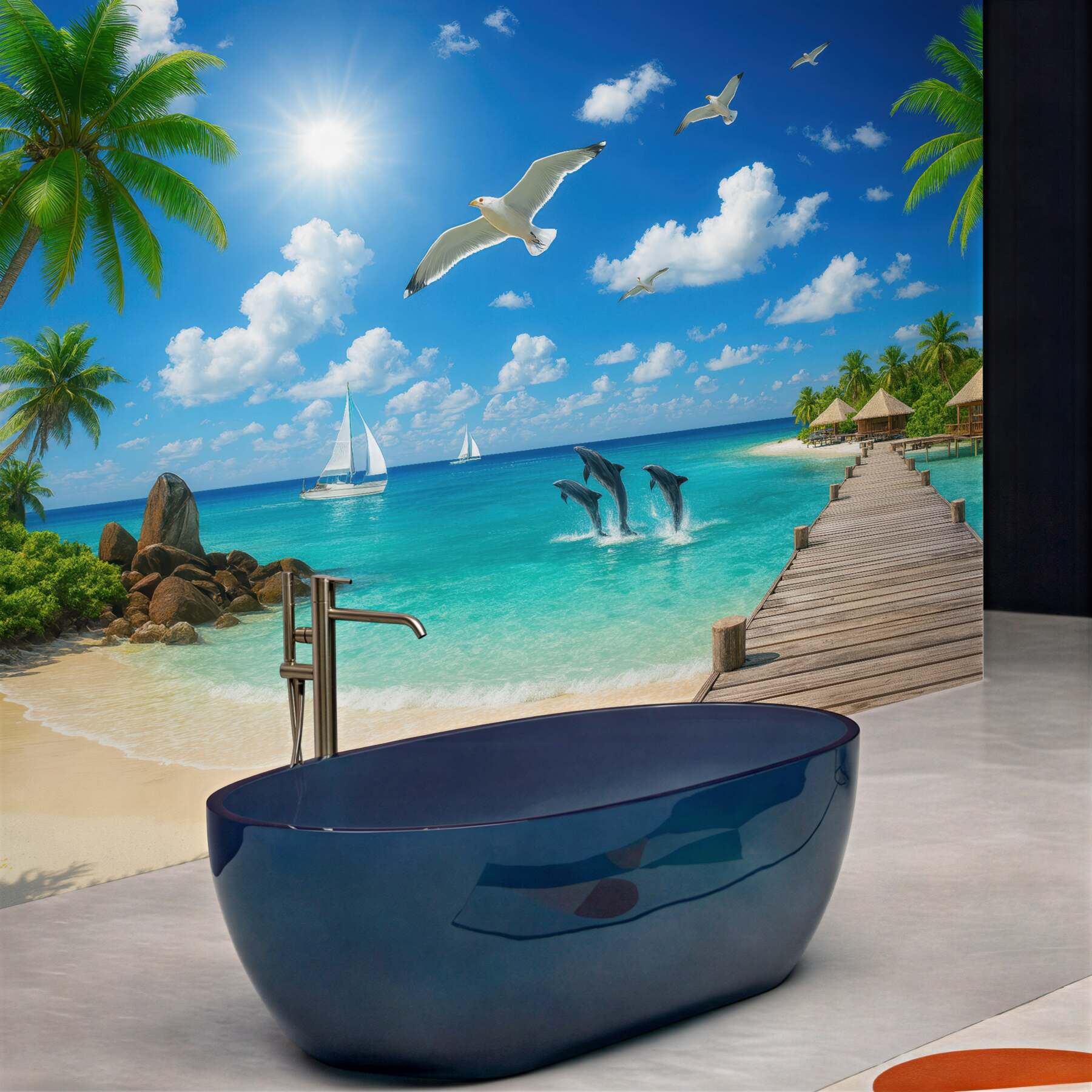 Fototapeta rajska plaża z delfinami i pomostem