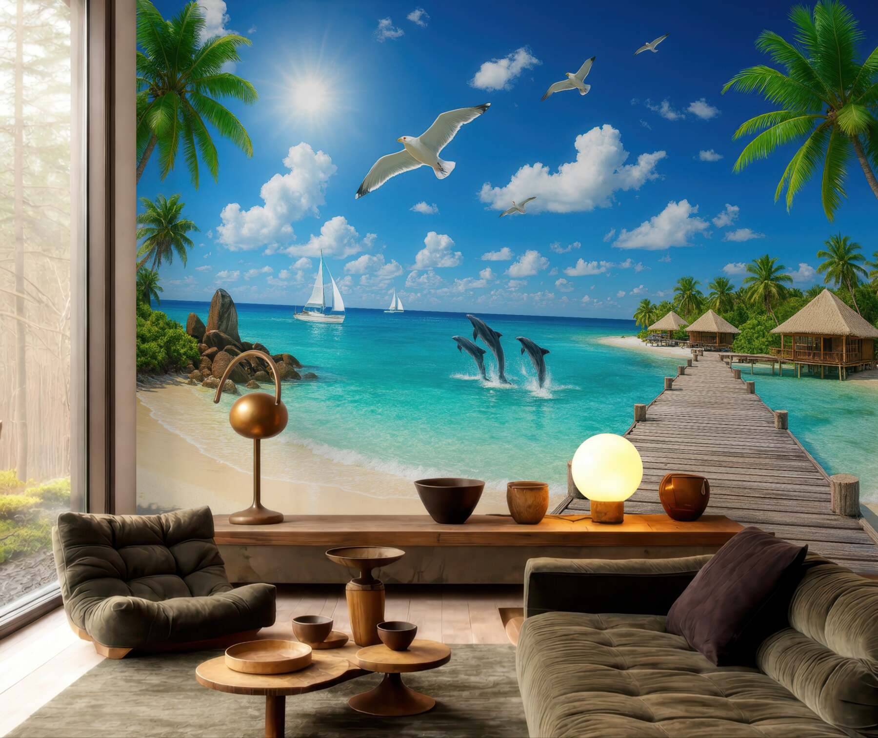 Fototapeta rajska plaża z delfinami i pomostem