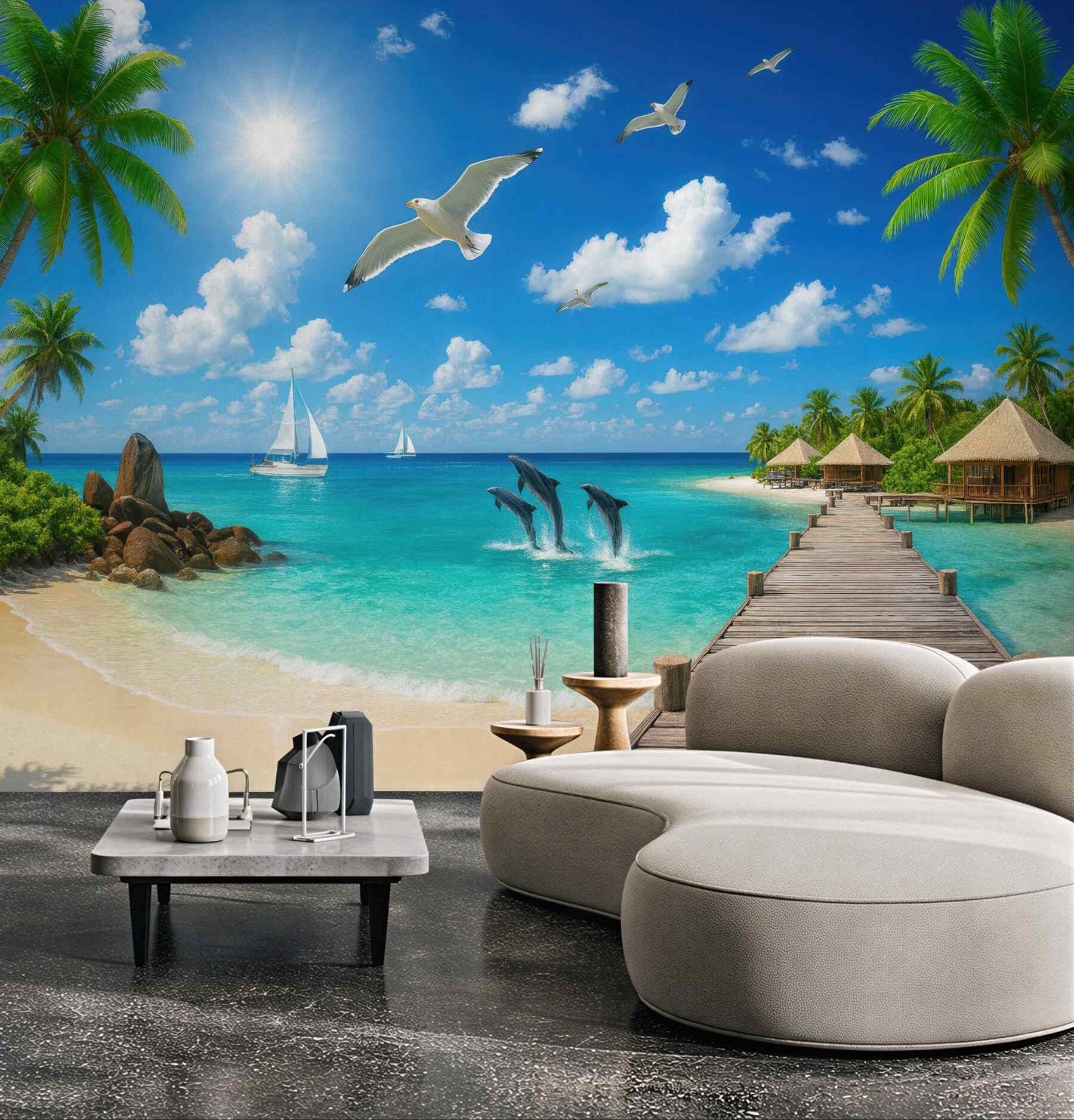 Fototapeta rajska plaża z delfinami i pomostem