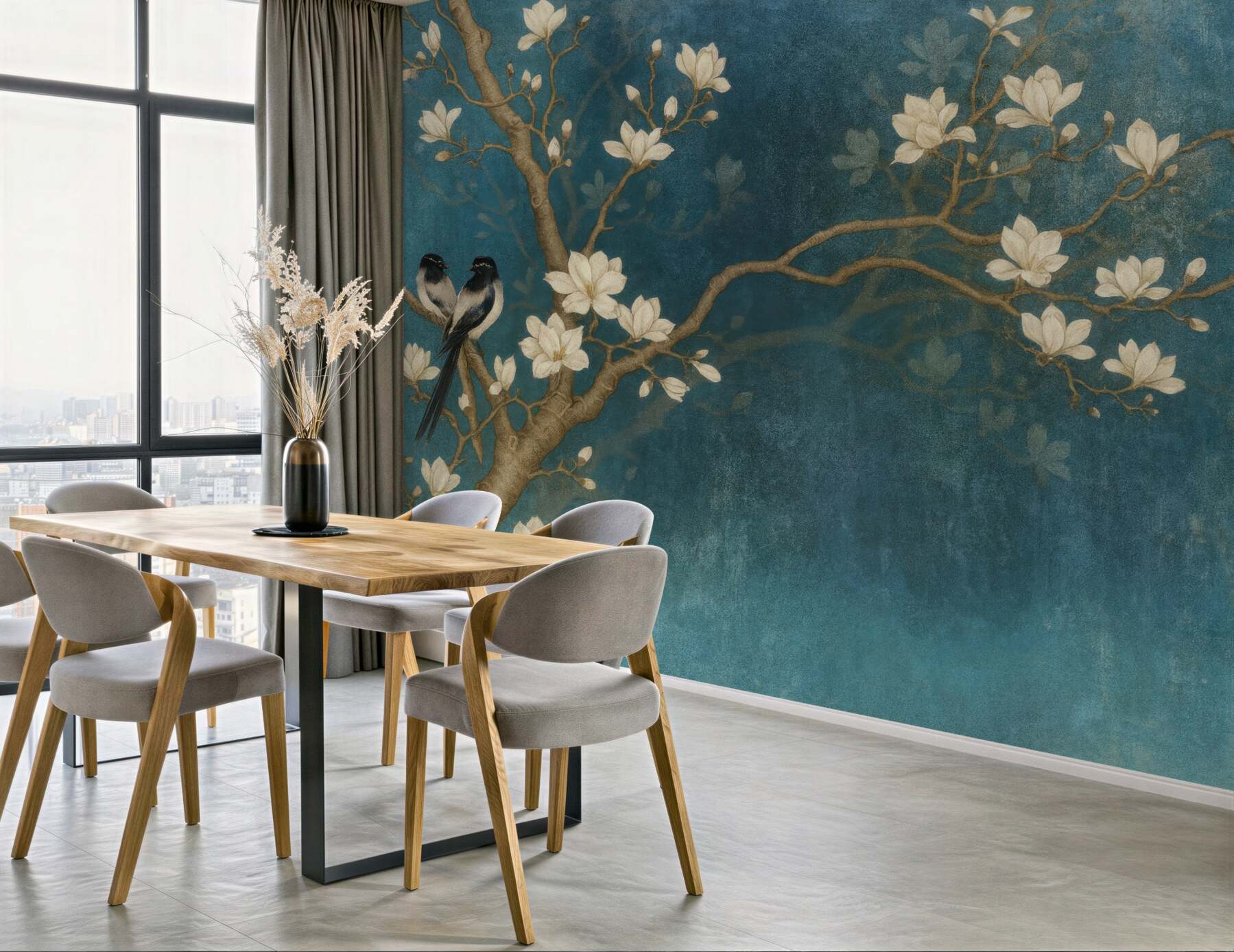 Fototapeta magnolie i ptaki na turkusie