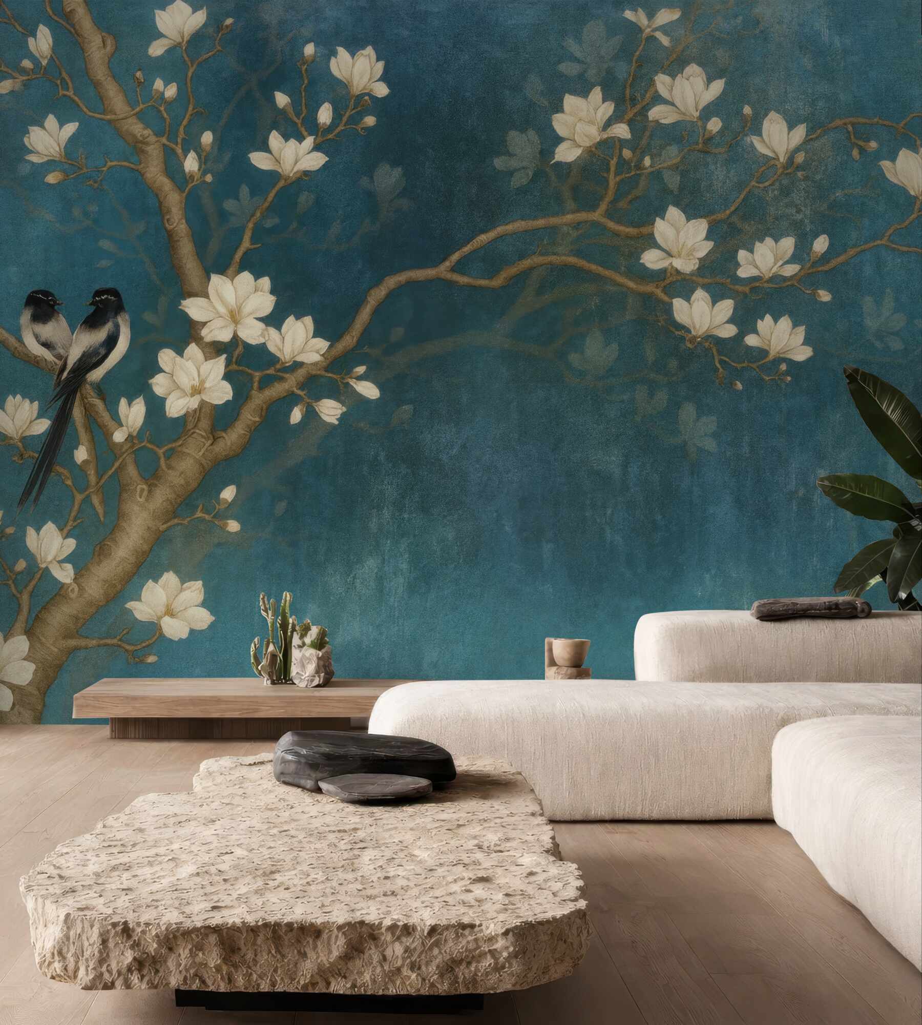 Fototapeta magnolie i ptaki na turkusie