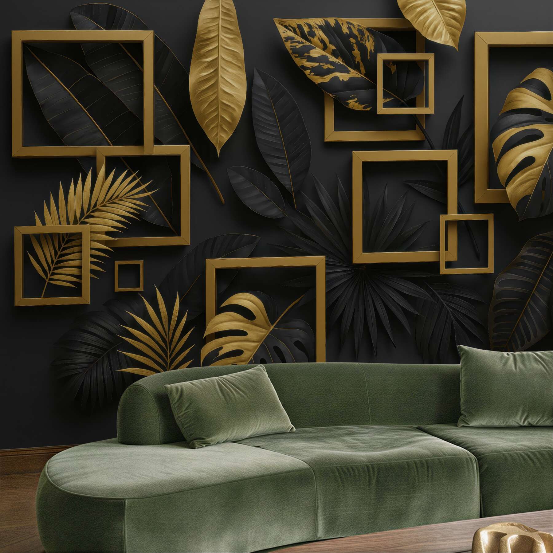 Fototapeta czarno złote liście w geometrycznej elegancji