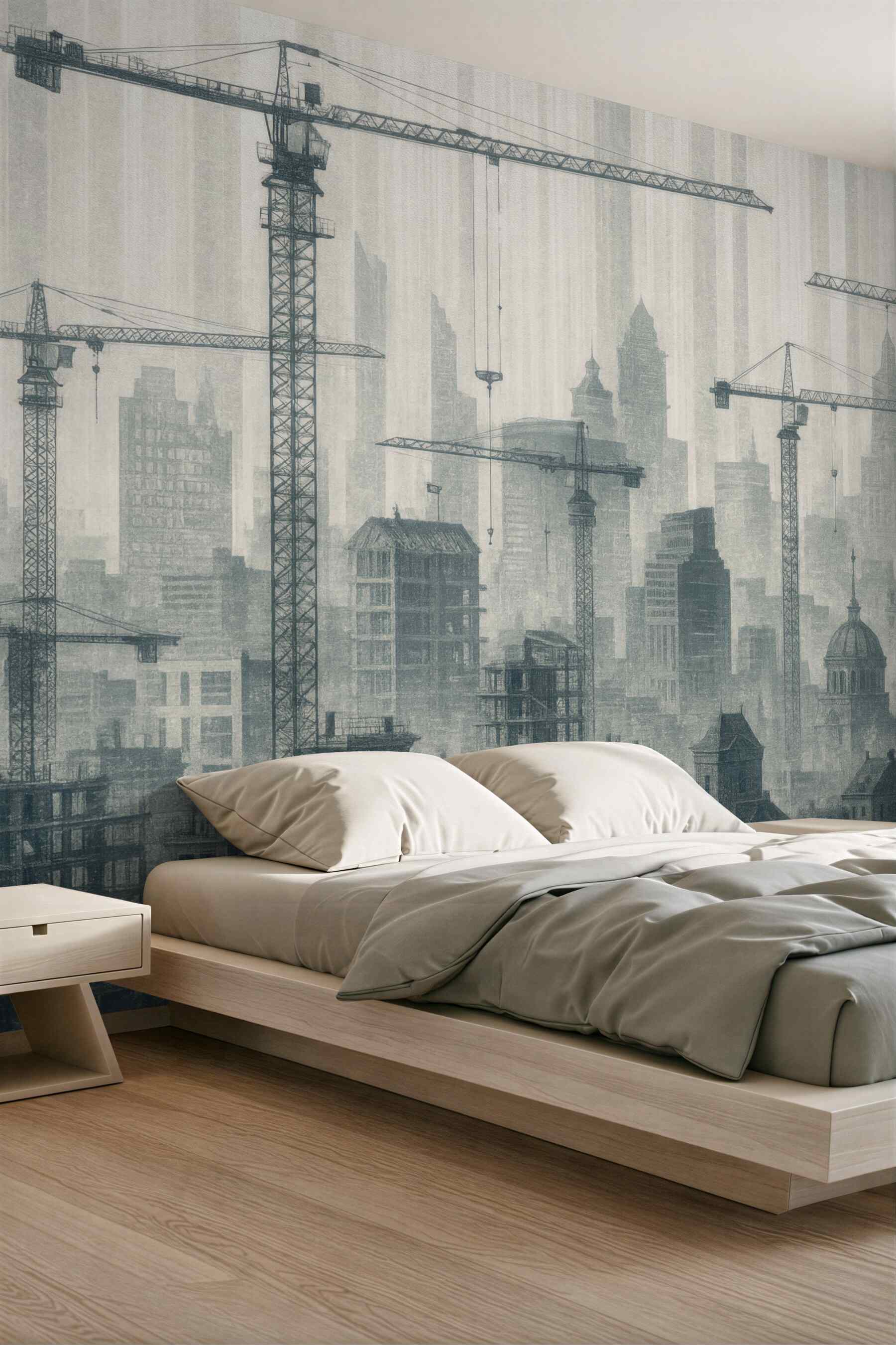 Fototapeta mgliste miasto z dźwigami i wieżami
