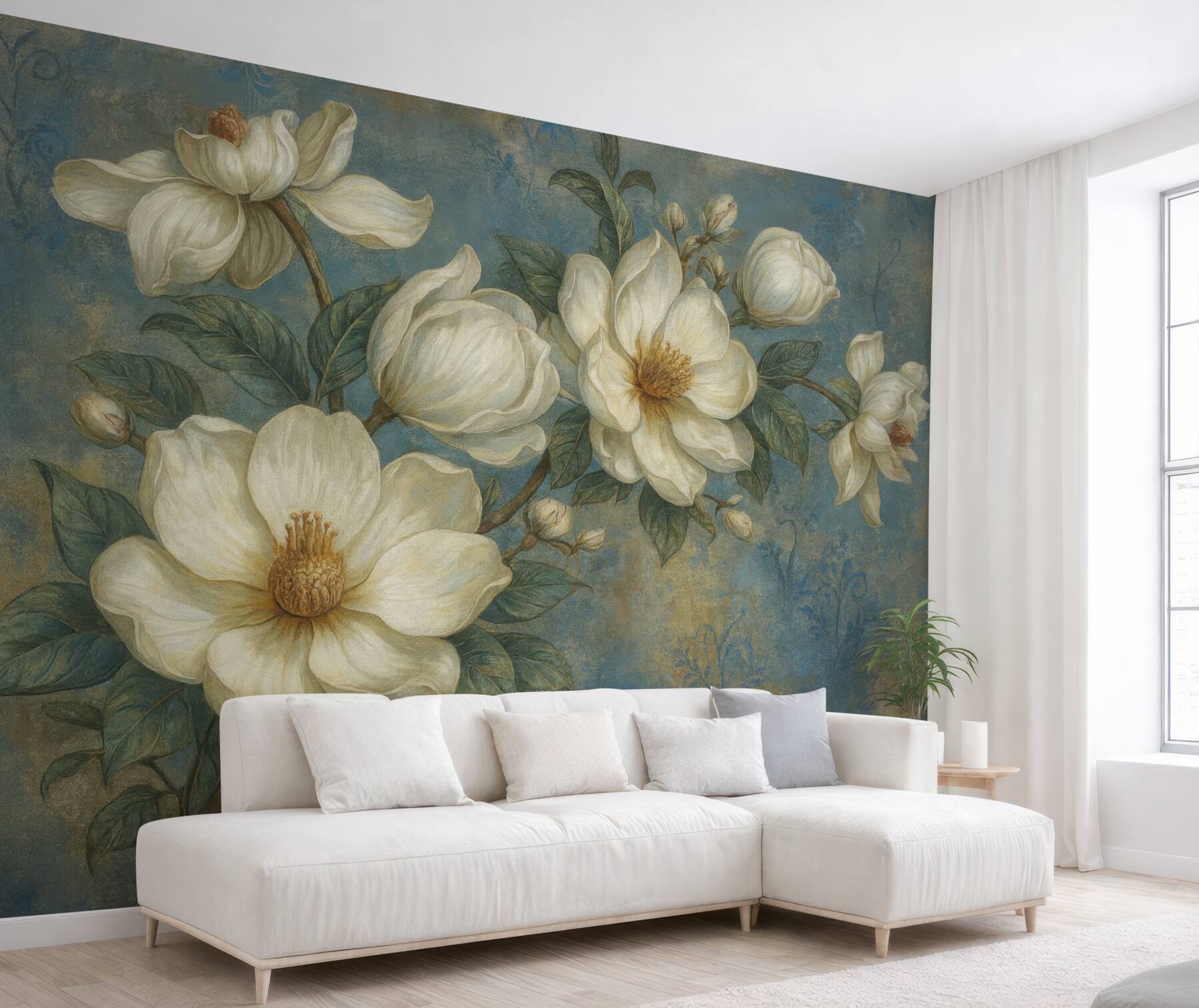 Fototapeta kremowe magnolie na błękitnym tle
