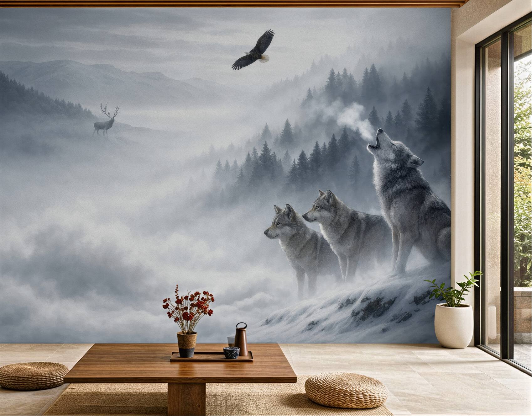 Fototapeta wilki we mgle gór