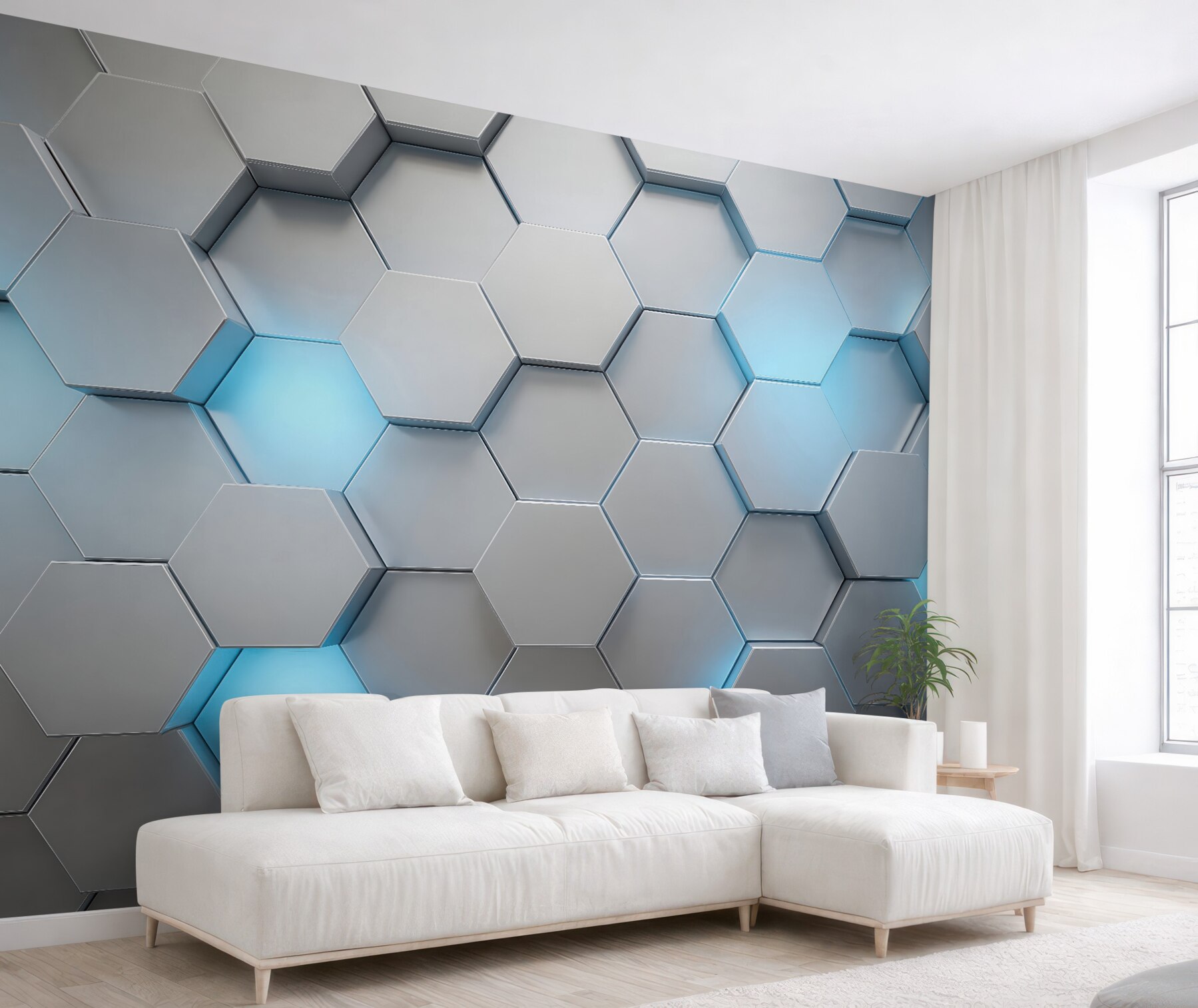 Fototapeta geometryczne heksagony z błękitnym światłem