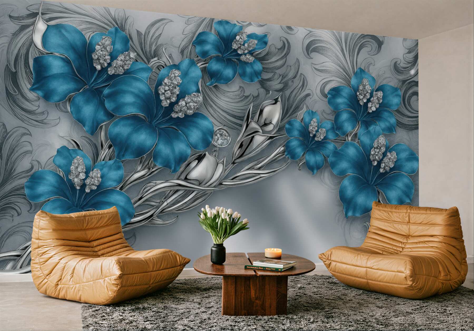 Fototapeta niebieskie kwiaty w srebrnej elegancji