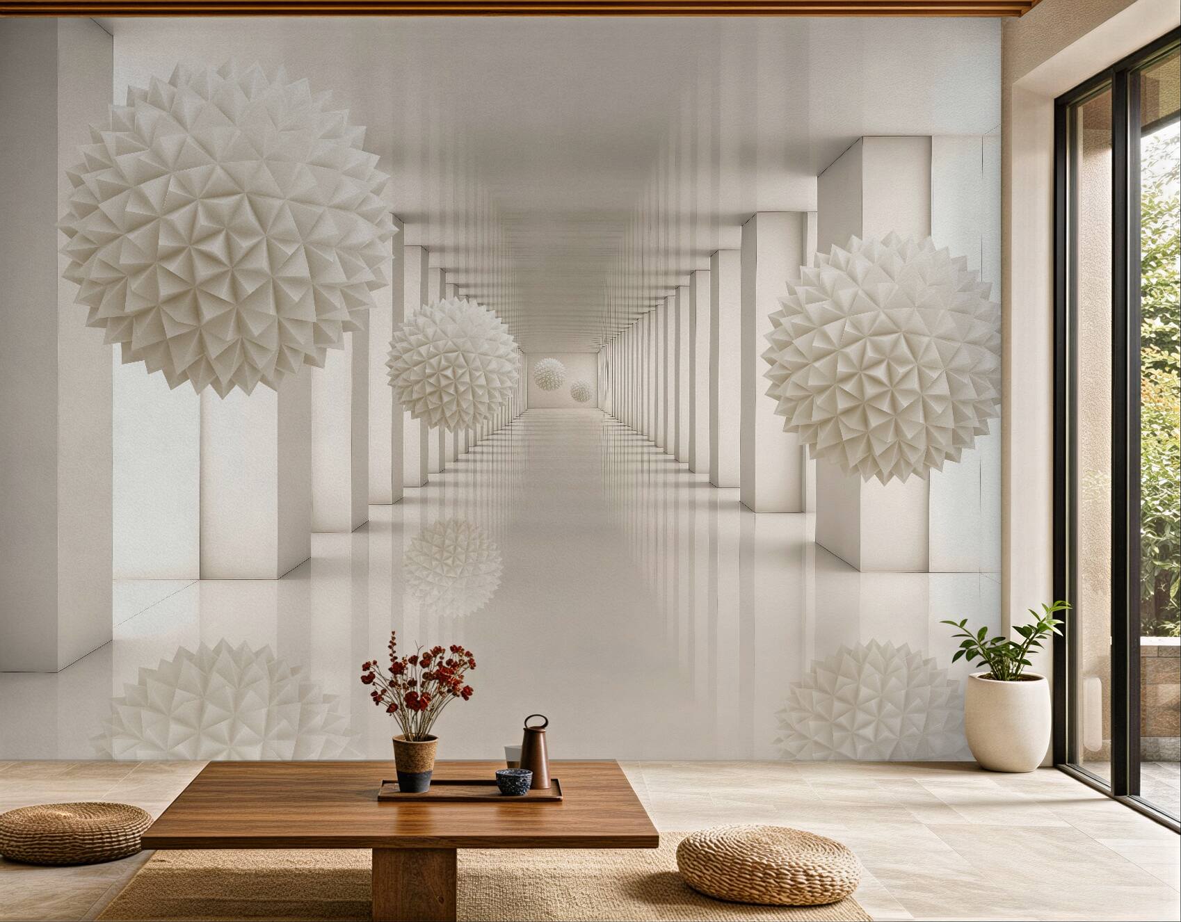 Fototapeta geometryczne kule w jasnym korytarzu