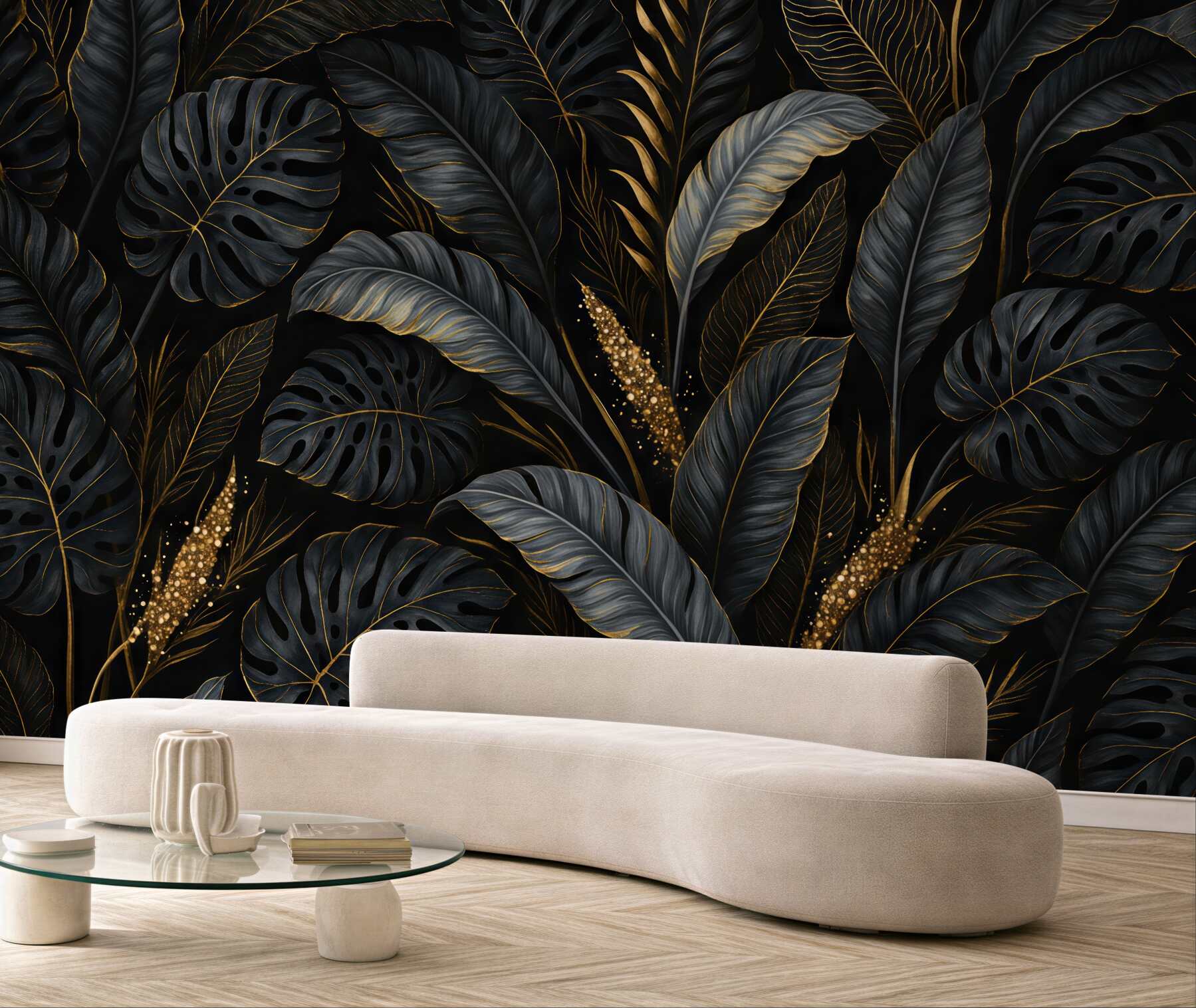 Fototapeta mroczne liście z luksusowym złotem