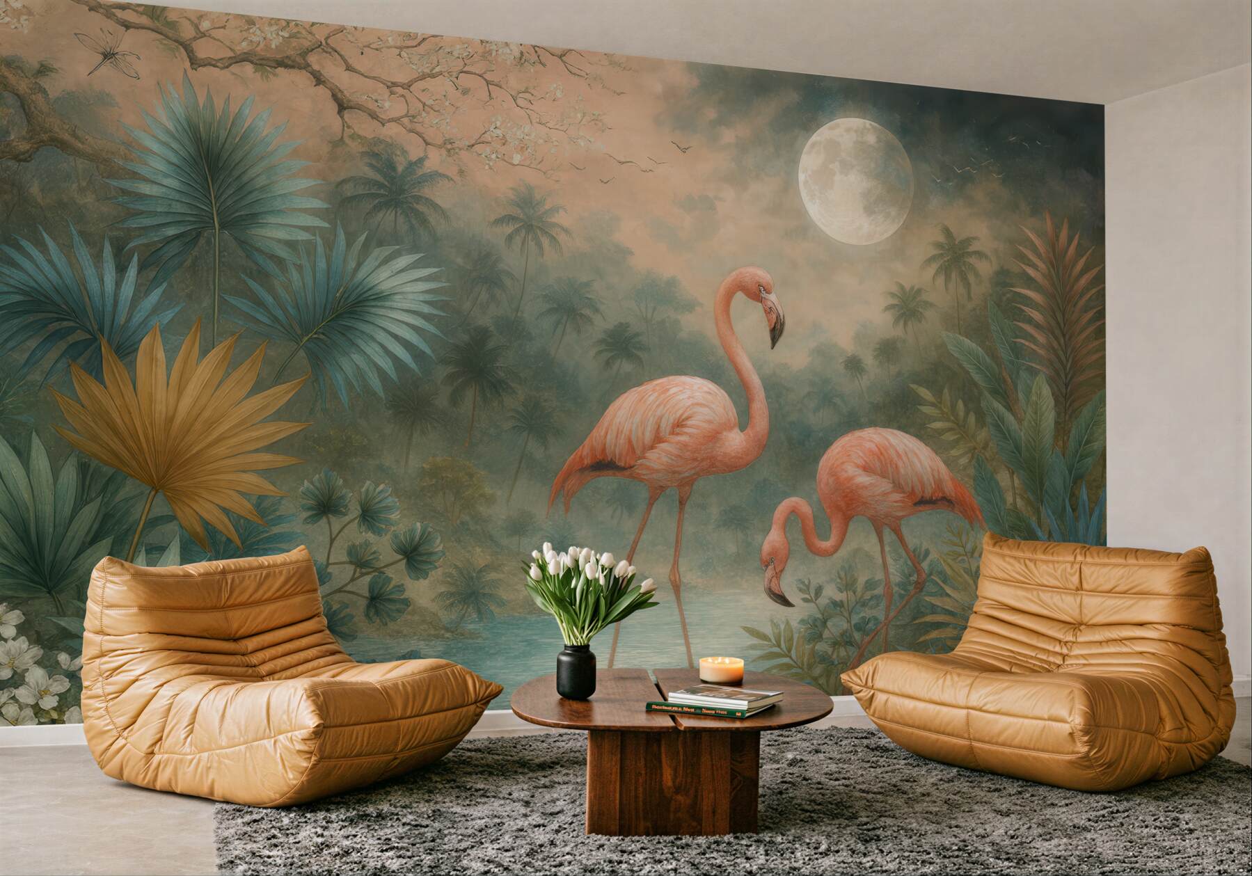 Fototapeta flamingi w księżycowej tropikalnej lagunie