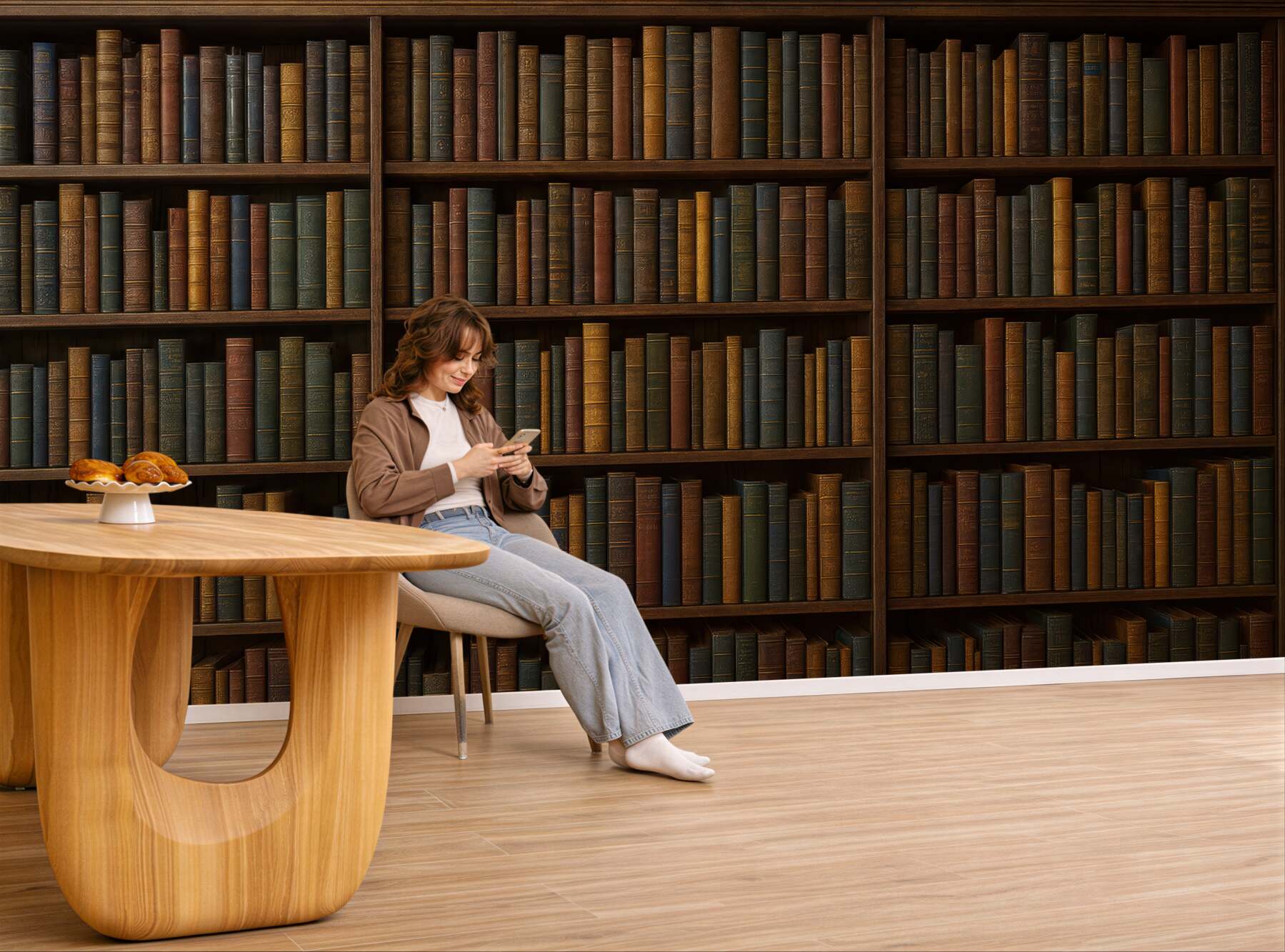 Fototapeta klasyczna biblioteka w ciepłym drewnie