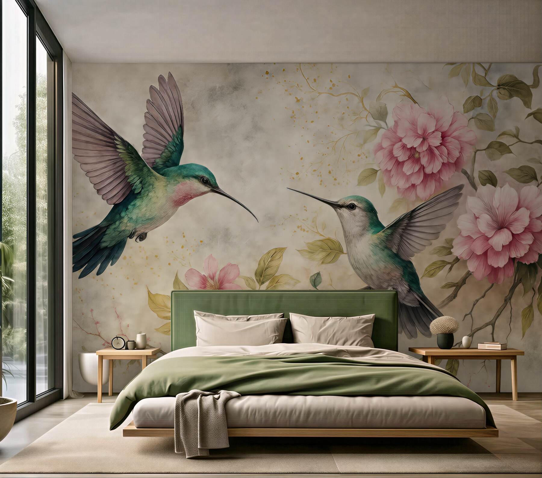 Fototapeta kolibry i różowe kwiaty vintage
