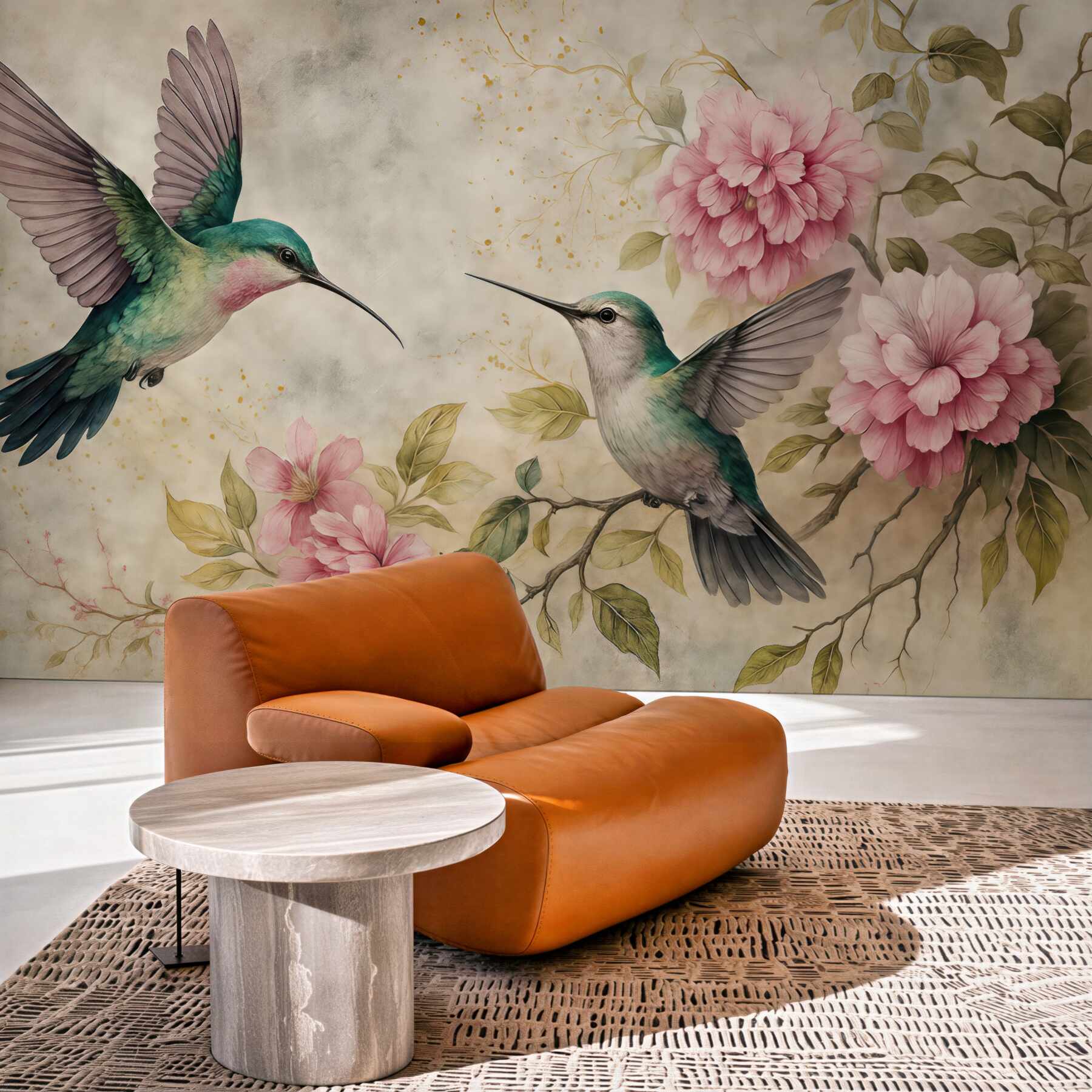 Fototapeta kolibry i różowe kwiaty vintage