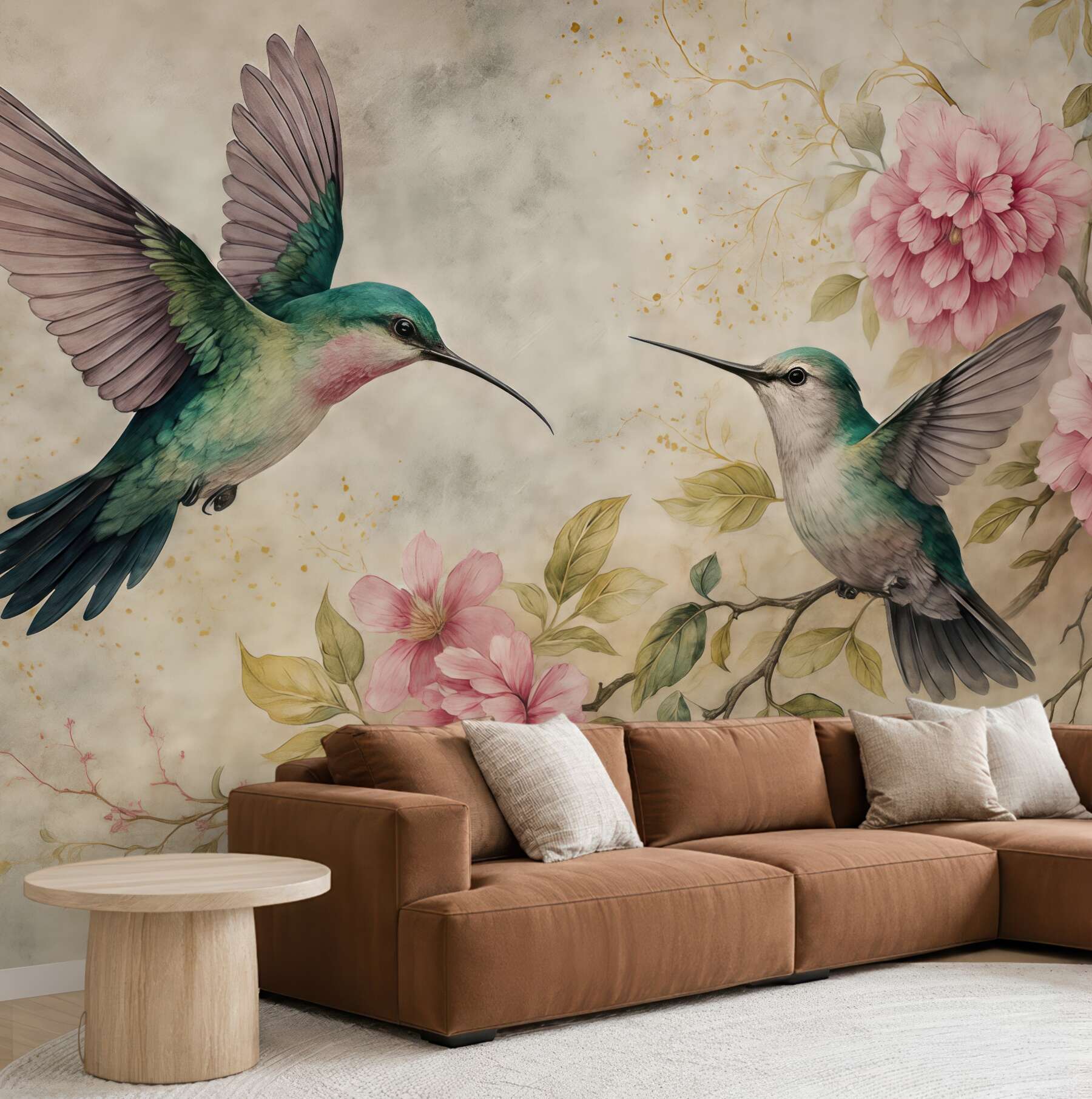 Fototapeta kolibry i różowe kwiaty vintage
