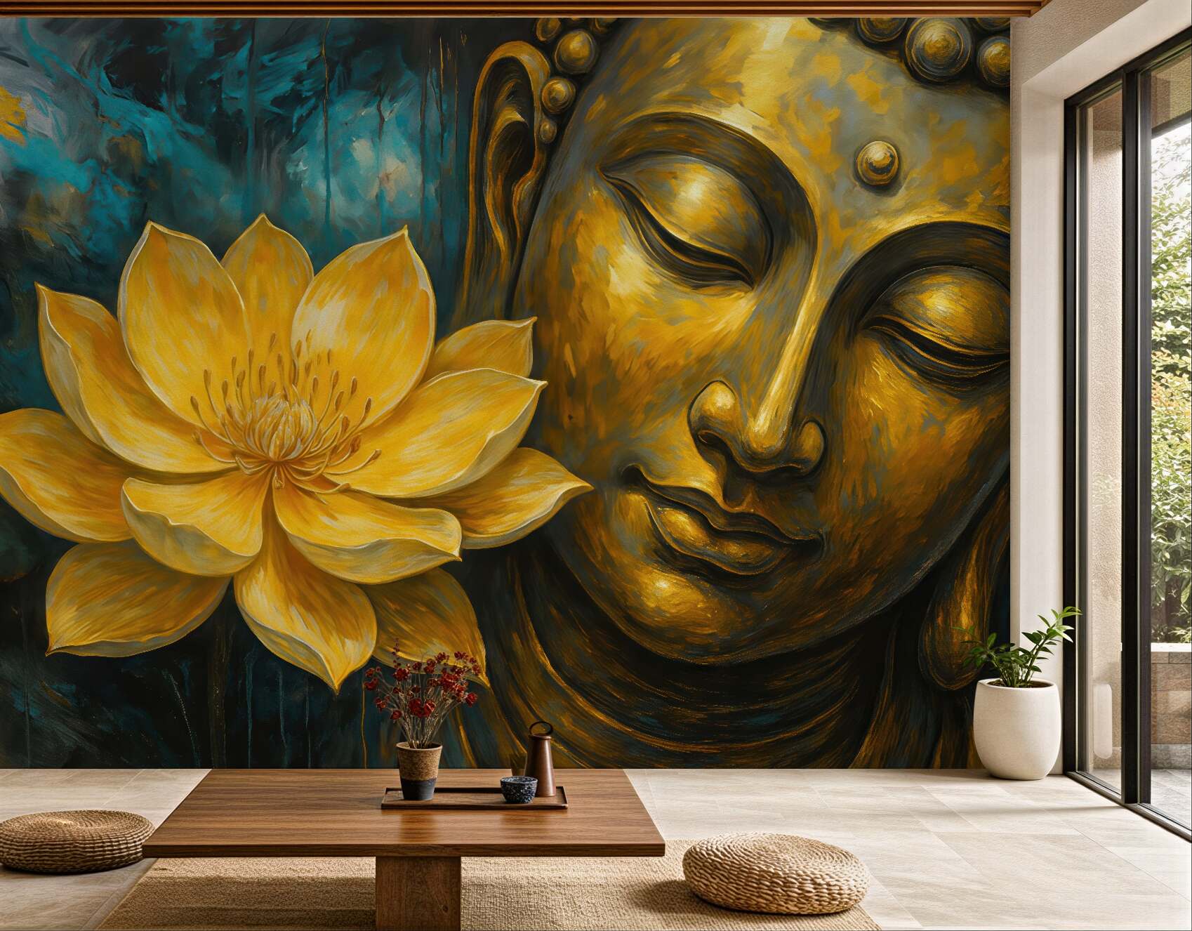 Fototapeta złoty budda z lotosem spokoju