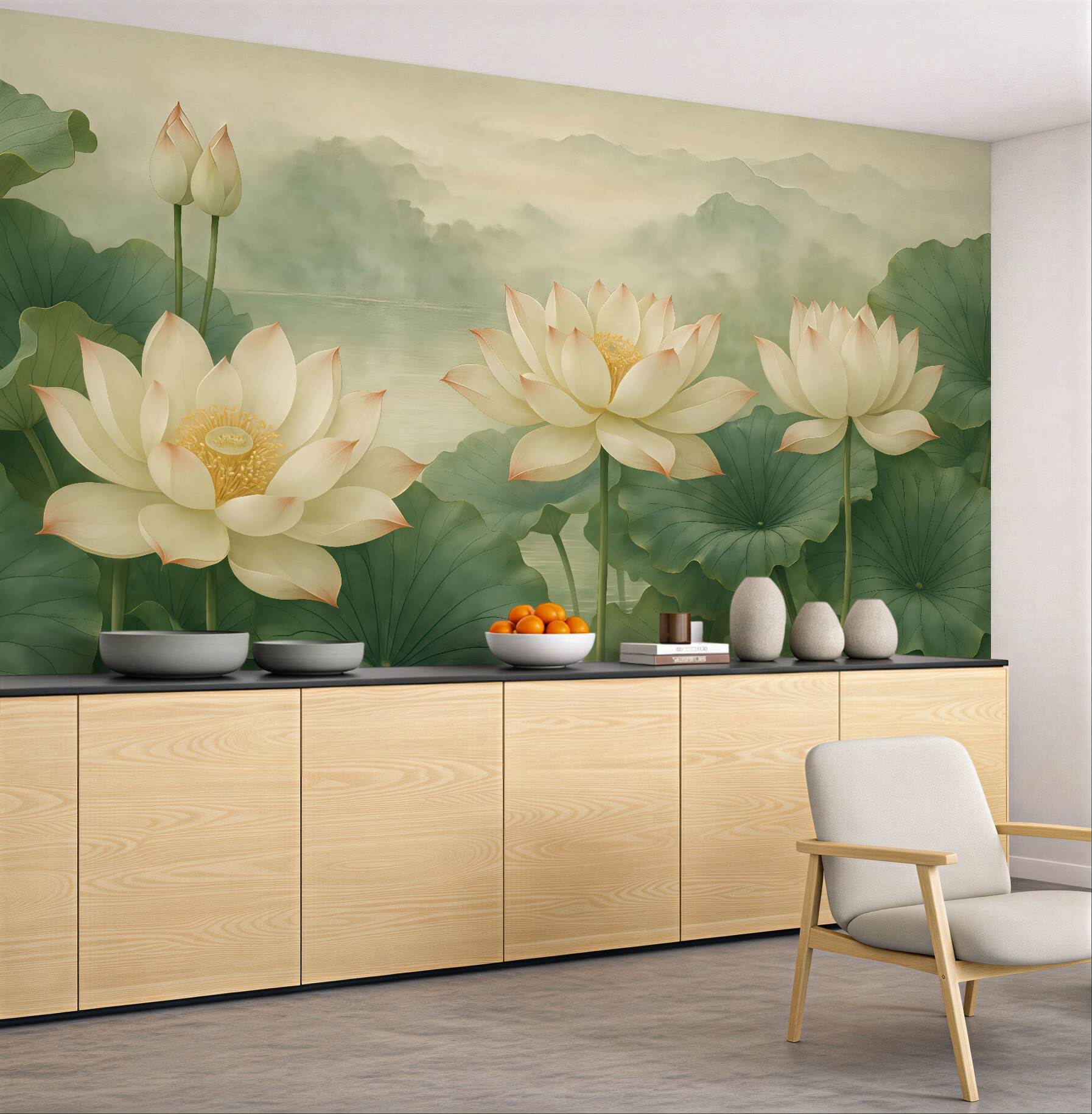 Fototapeta kremowe lotosy w mglistym jeziorze