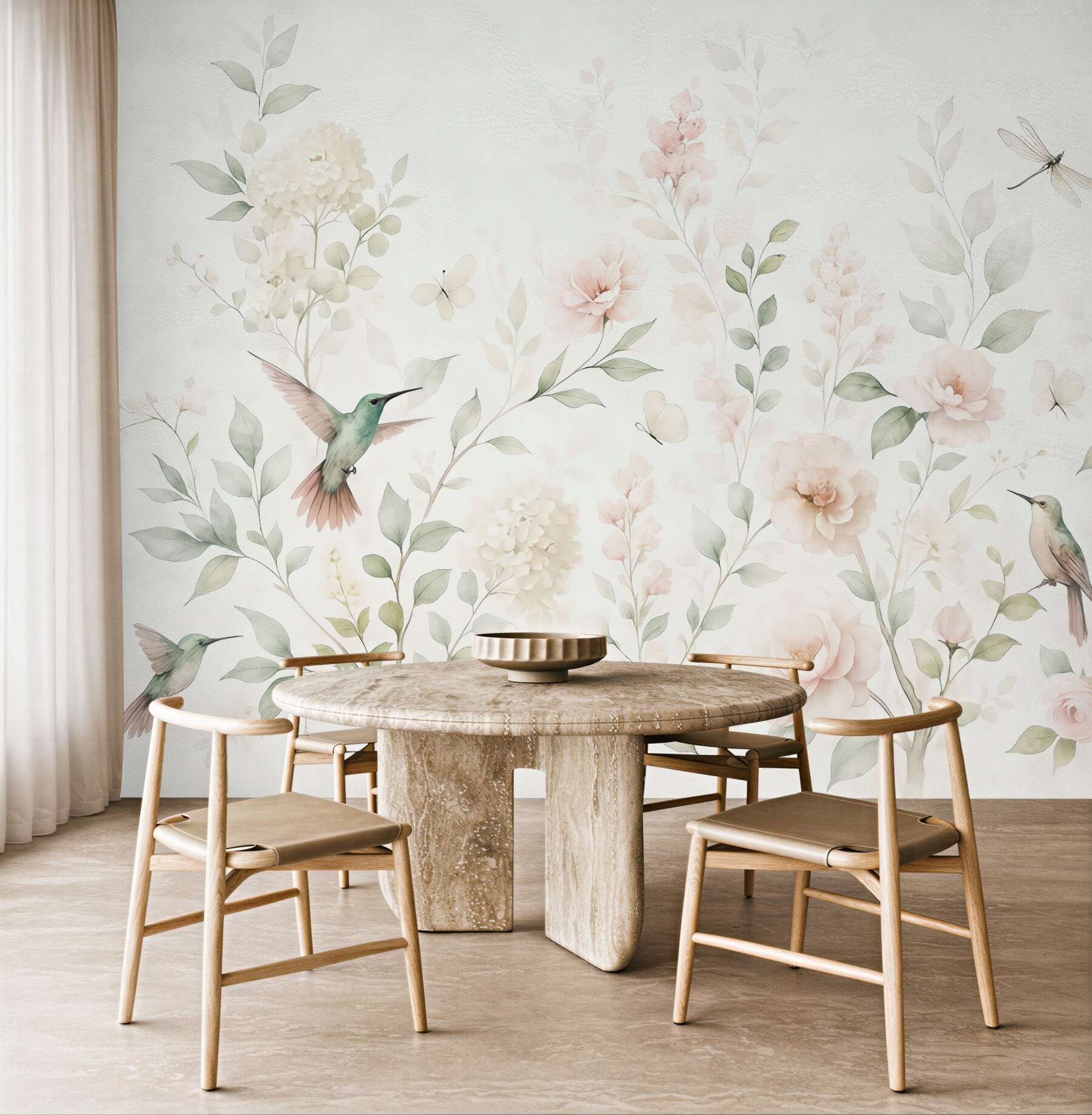 Fototapeta pastelowy ogród z kolibrami