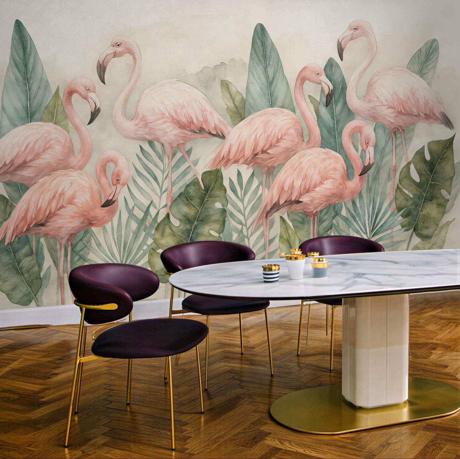 Fototapeta różowe flamingi w tropikalnych liściach