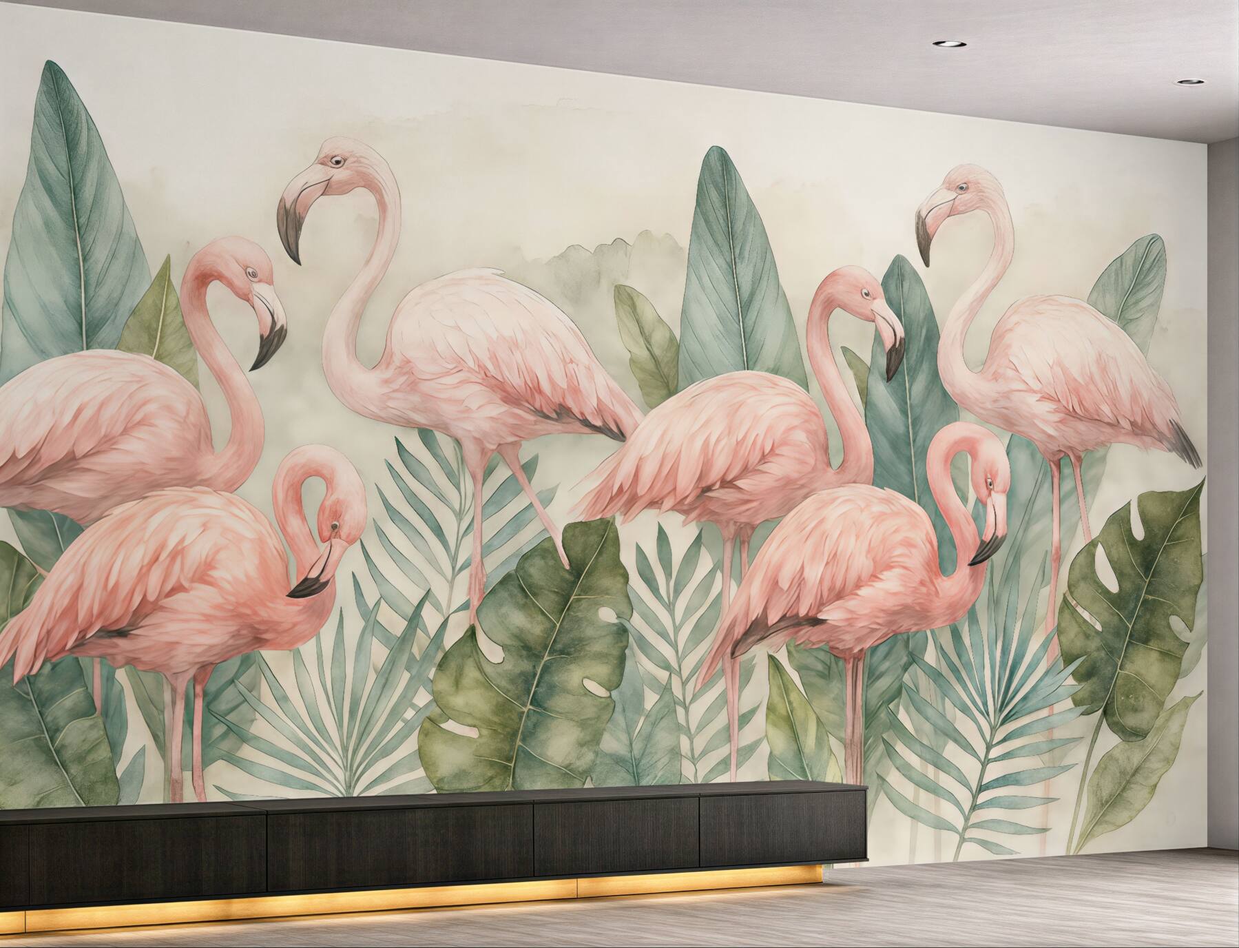 Fototapeta różowe flamingi w tropikalnych liściach