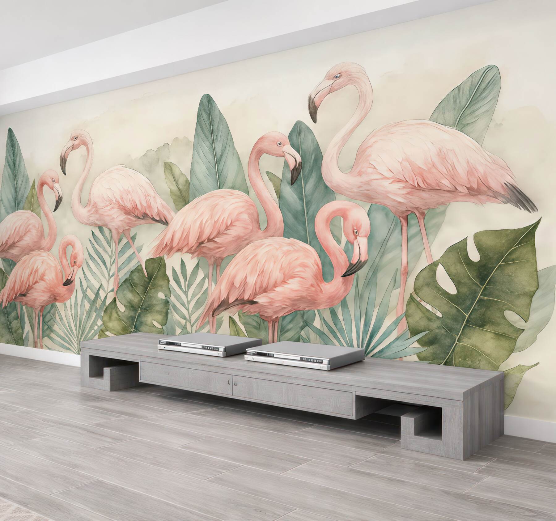 Fototapeta różowe flamingi w tropikalnych liściach