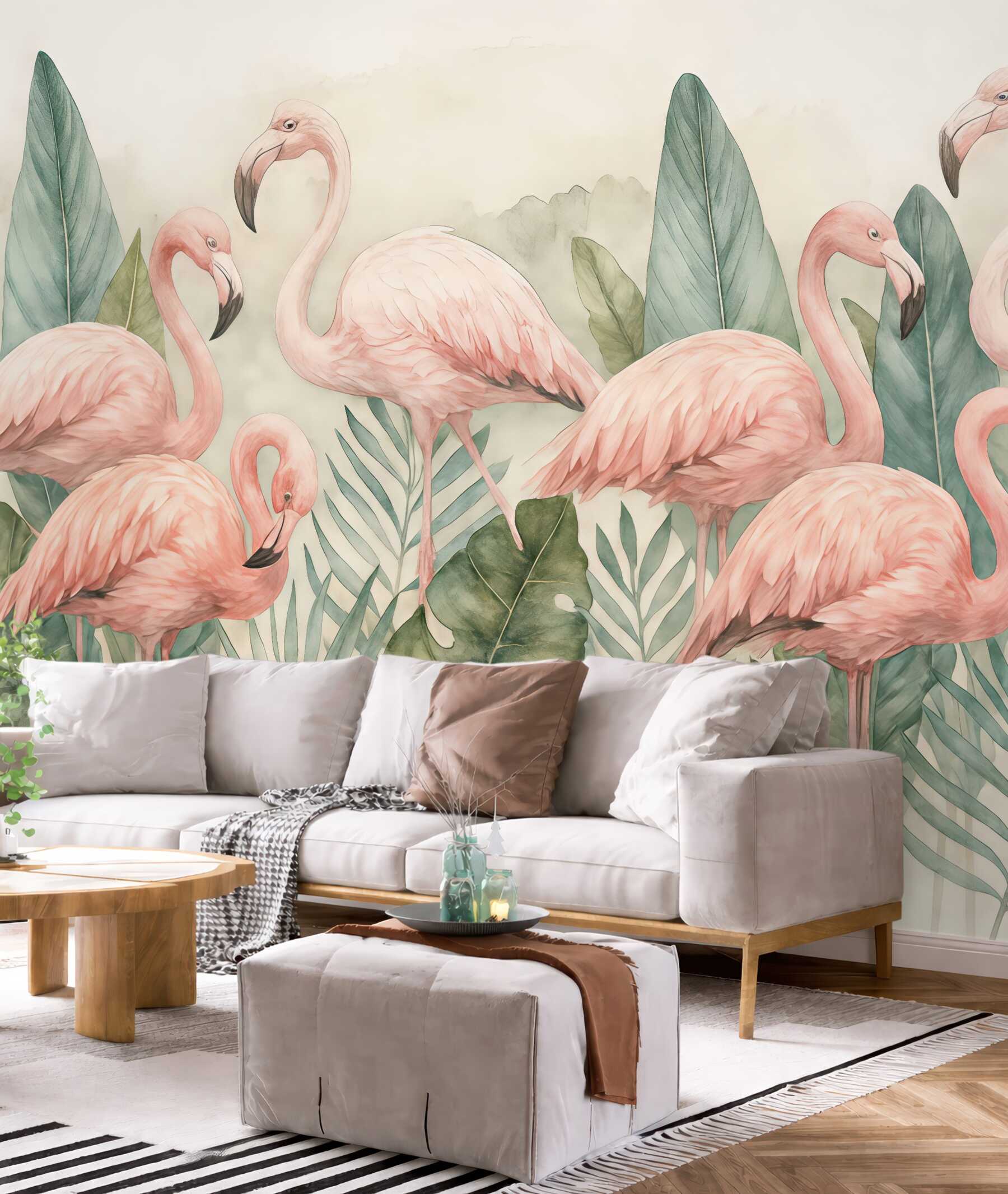 Fototapeta różowe flamingi w tropikalnych liściach