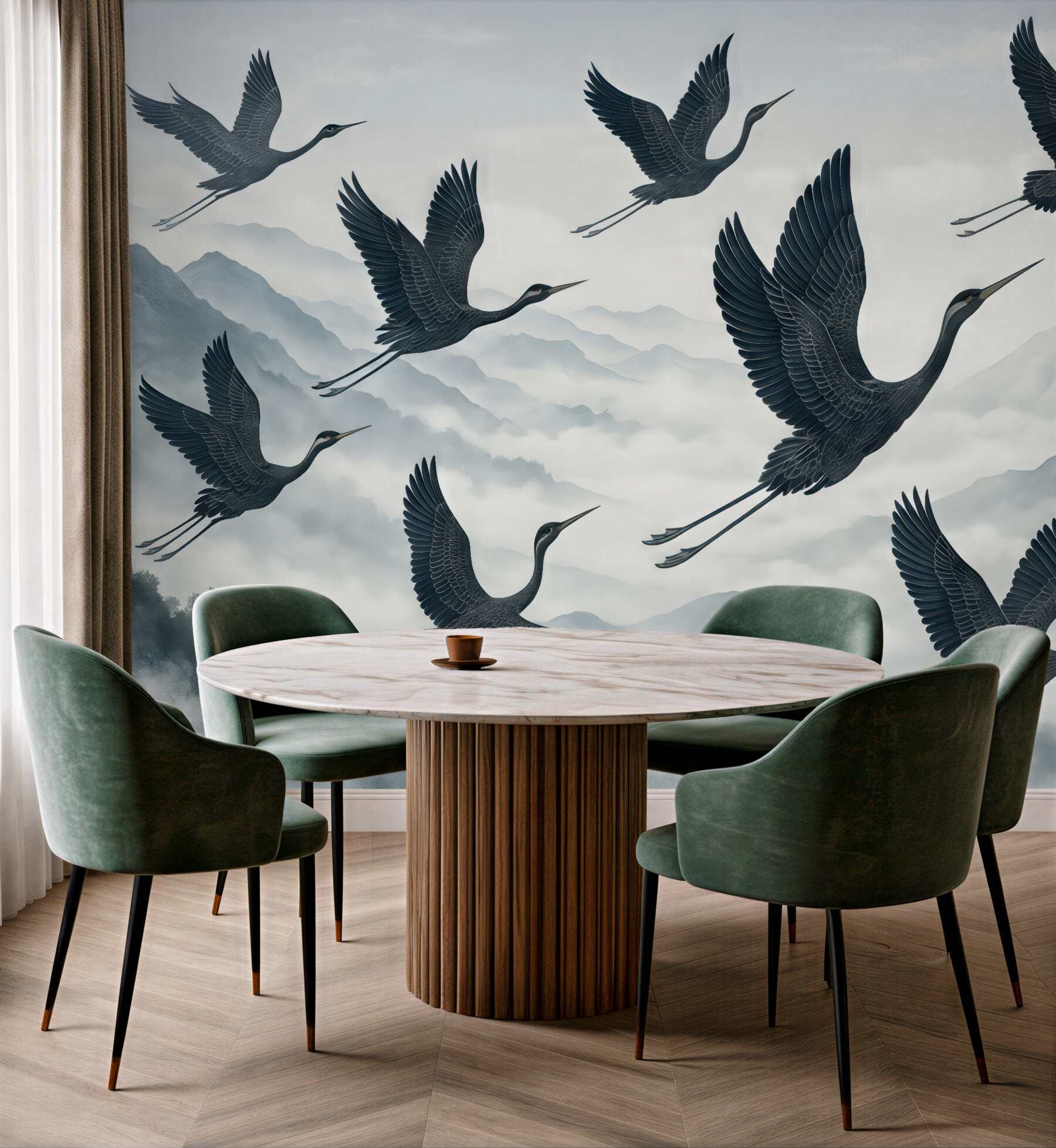 Fototapeta żurawie nad mglistymi górami