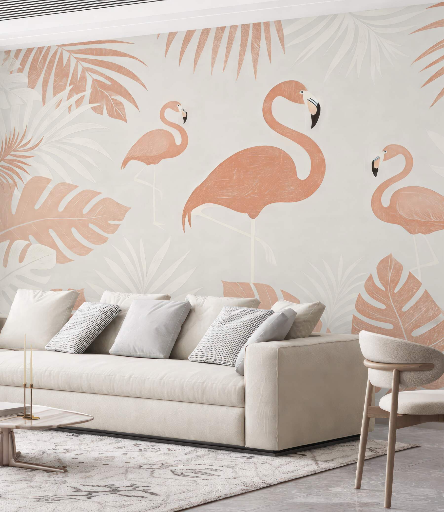 Fototapeta pudrowe flamingi w tropikalnych liściach
