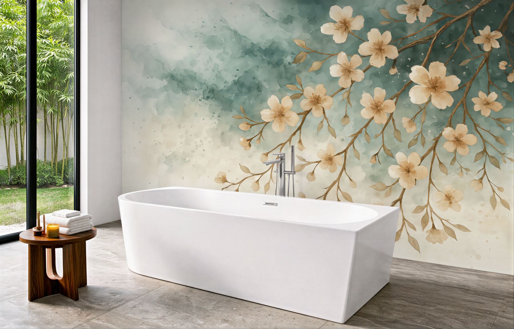 Fototapeta kremowe kwiaty na błękitnej akwareli