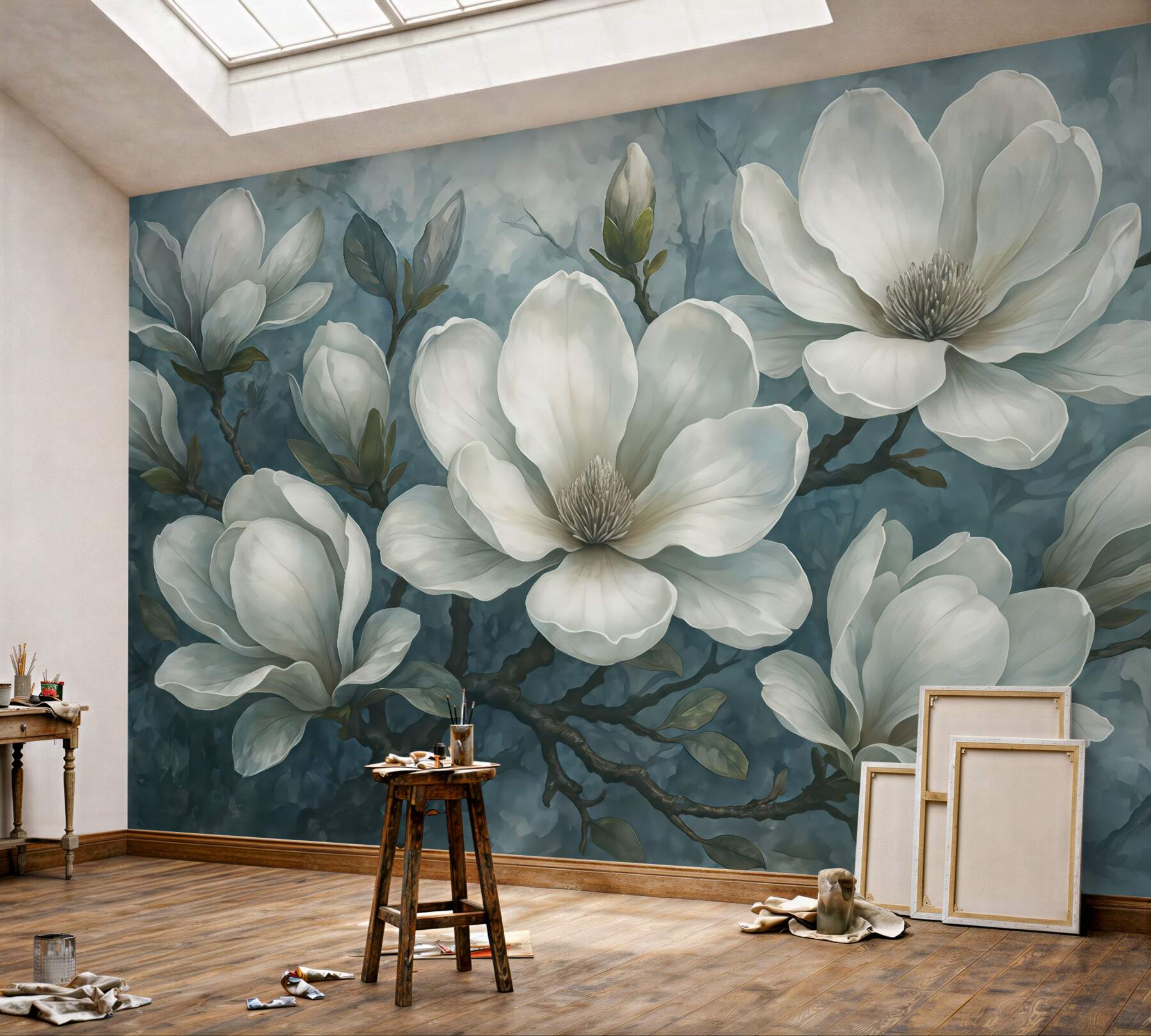 Fototapeta eleganckie białe magnolie w błękicie