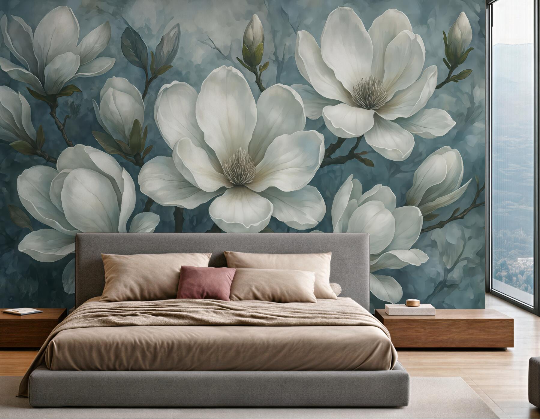 Fototapeta eleganckie białe magnolie w błękicie