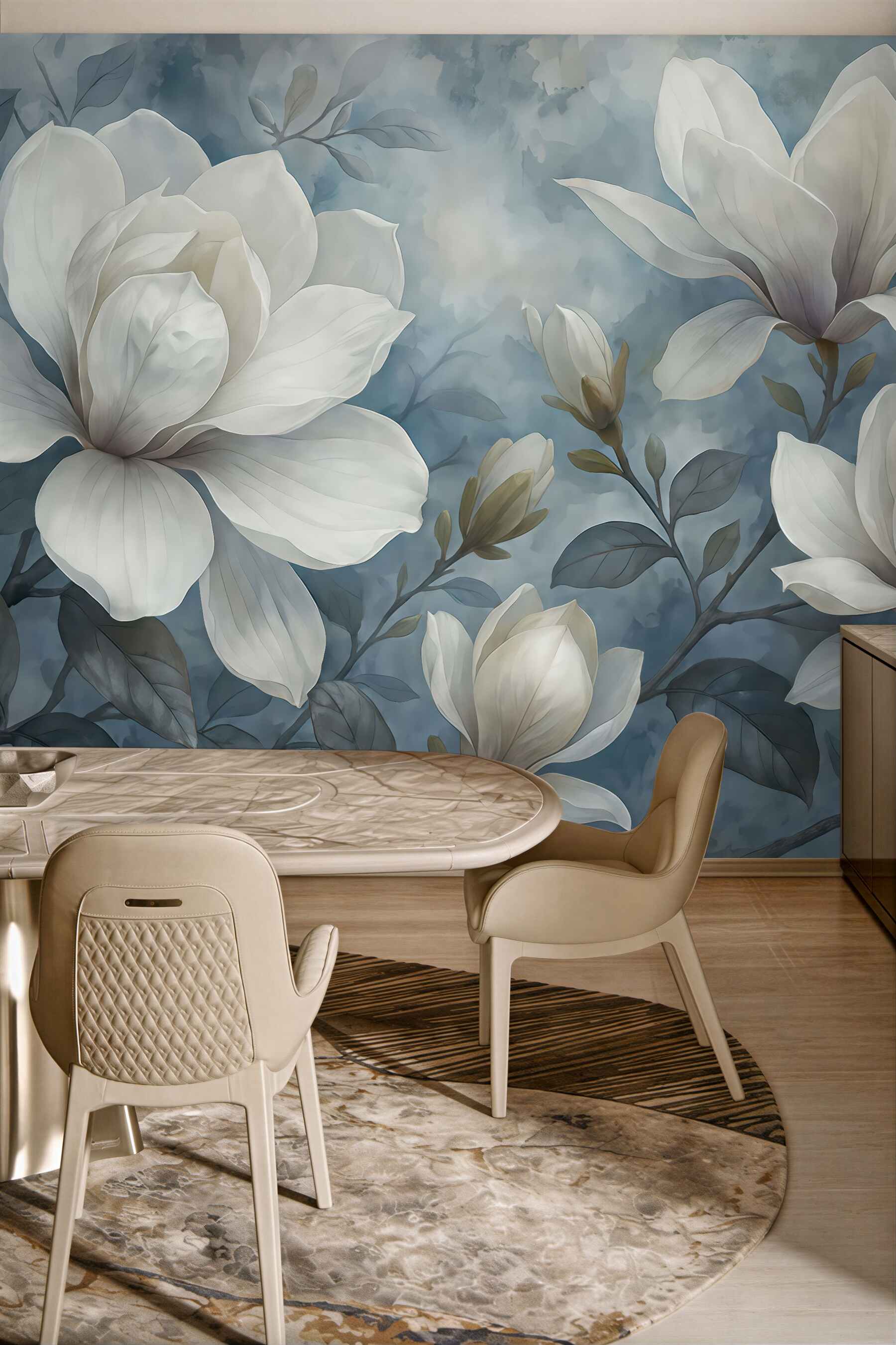 Fototapeta białe magnolie na błękitnym tle