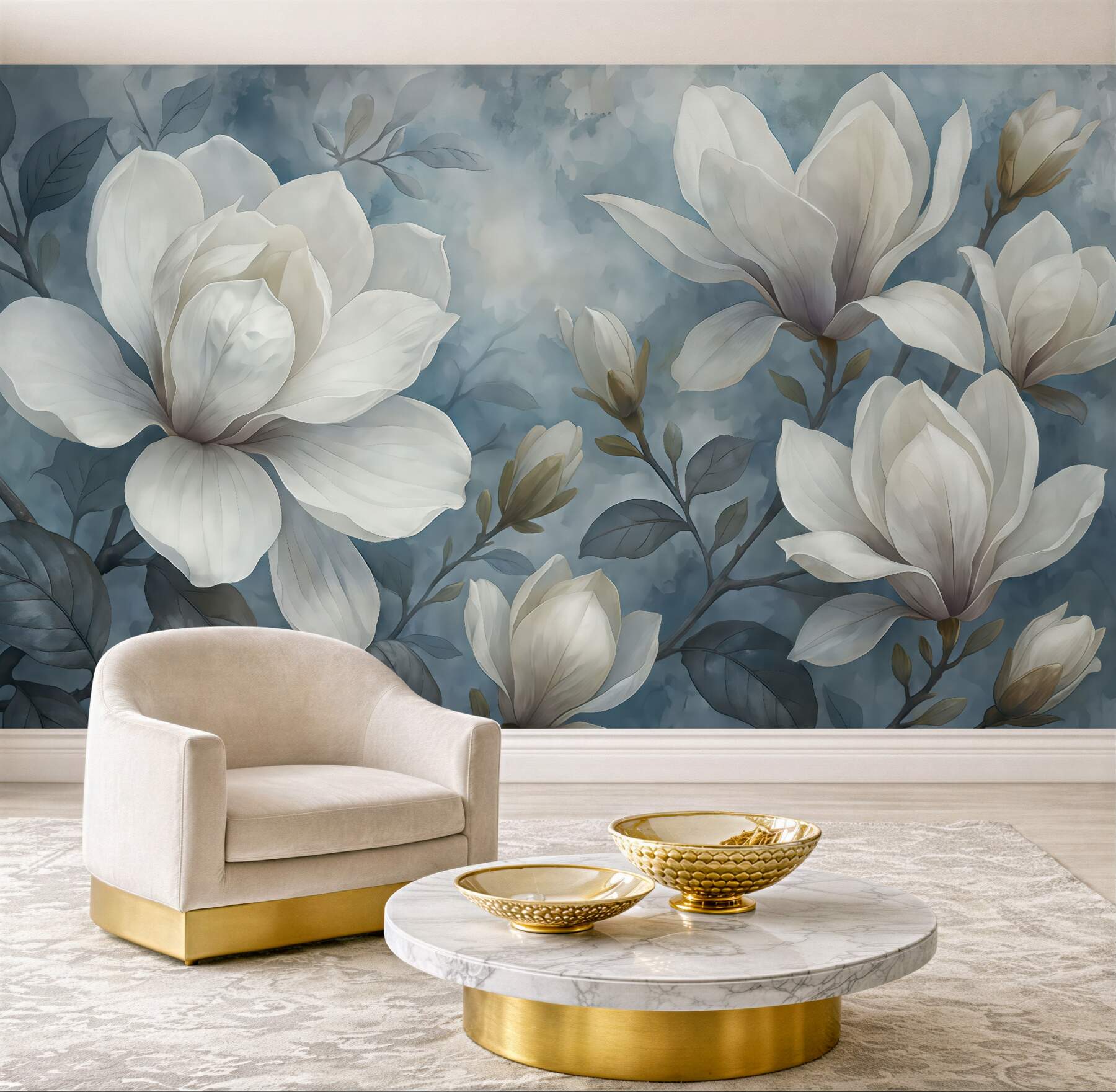 Fototapeta białe magnolie na błękitnym tle