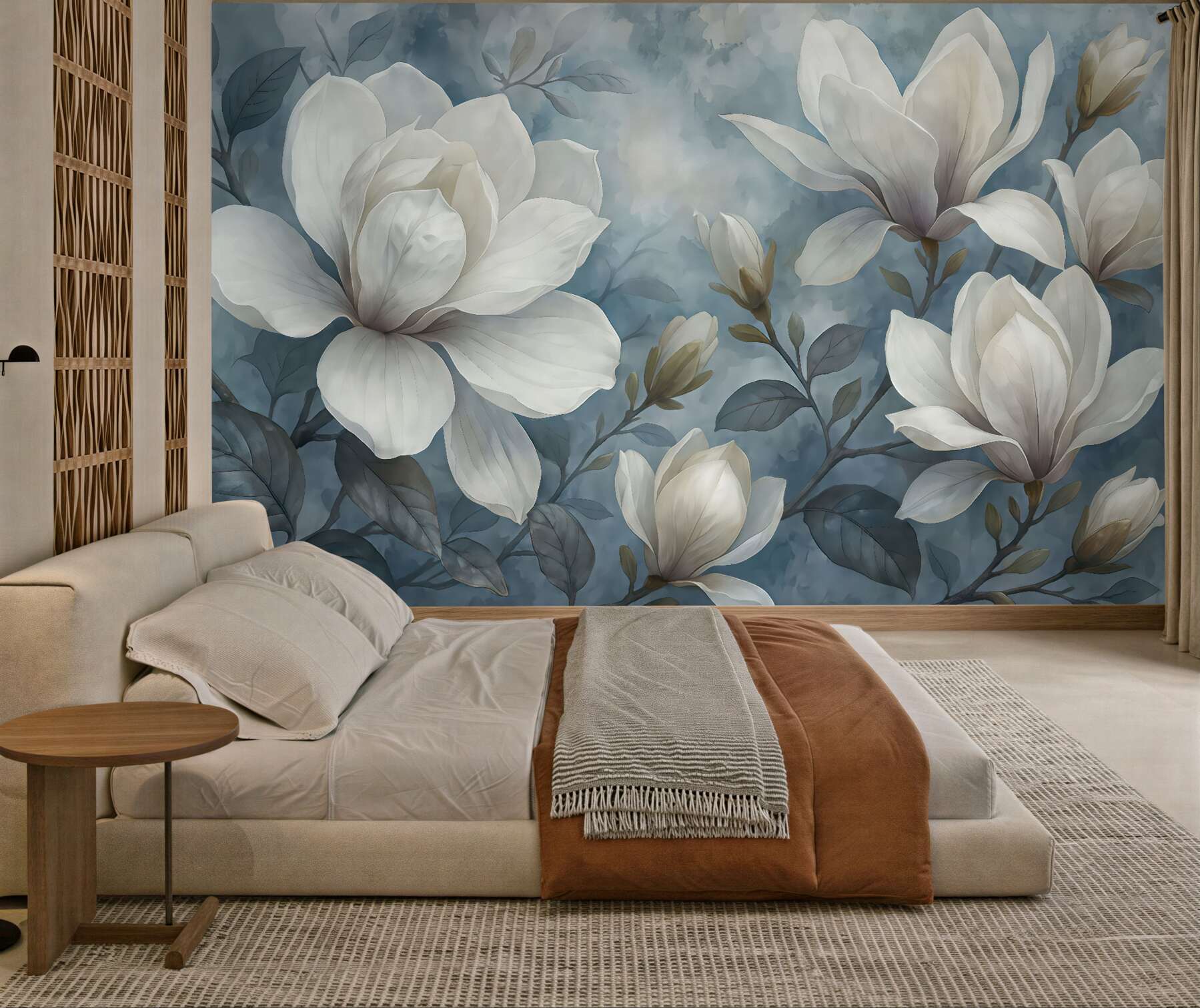 Fototapeta białe magnolie na błękitnym tle