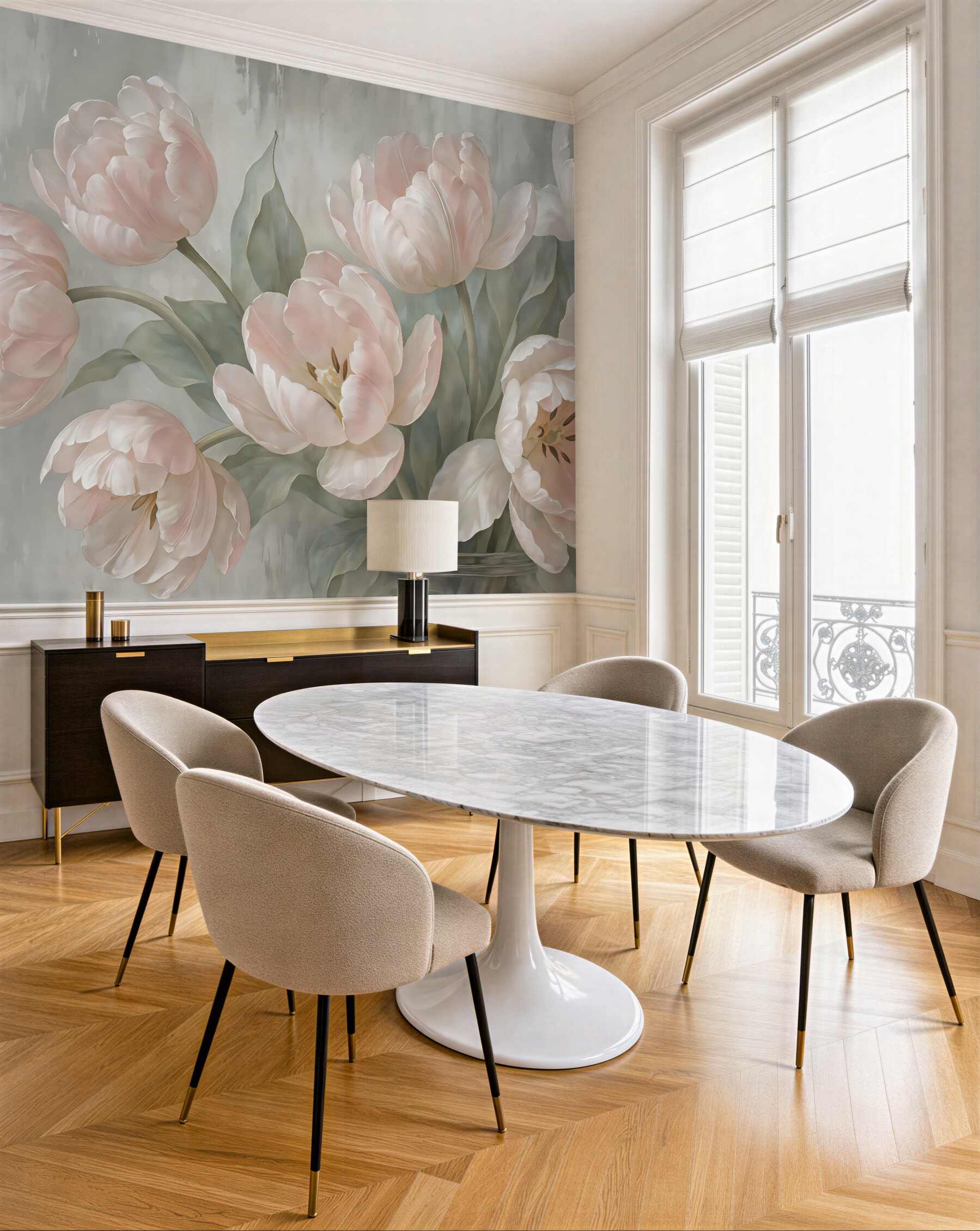 Fototapeta pudrowe tulipany w romantycznym bukiecie