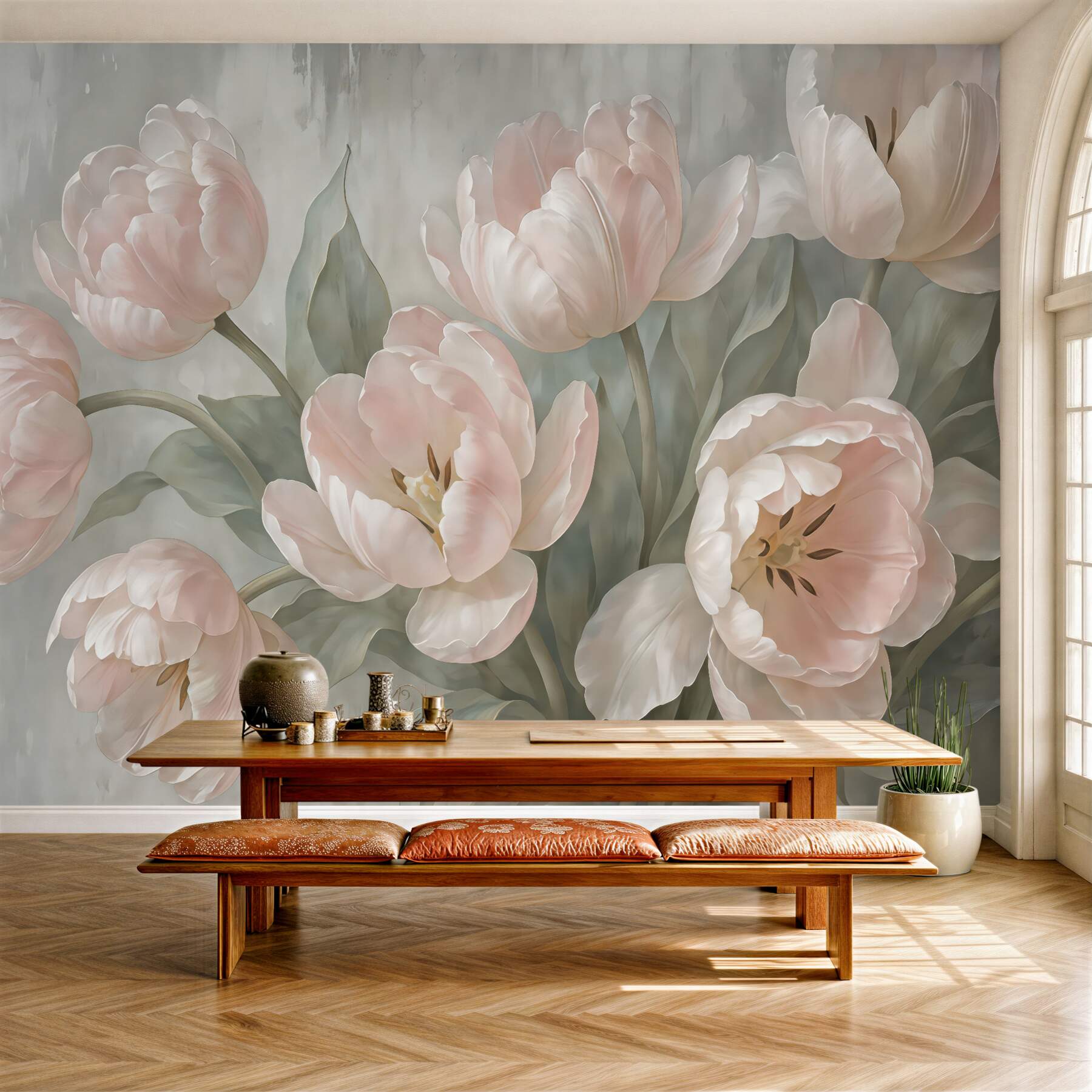 Fototapeta pudrowe tulipany w romantycznym bukiecie