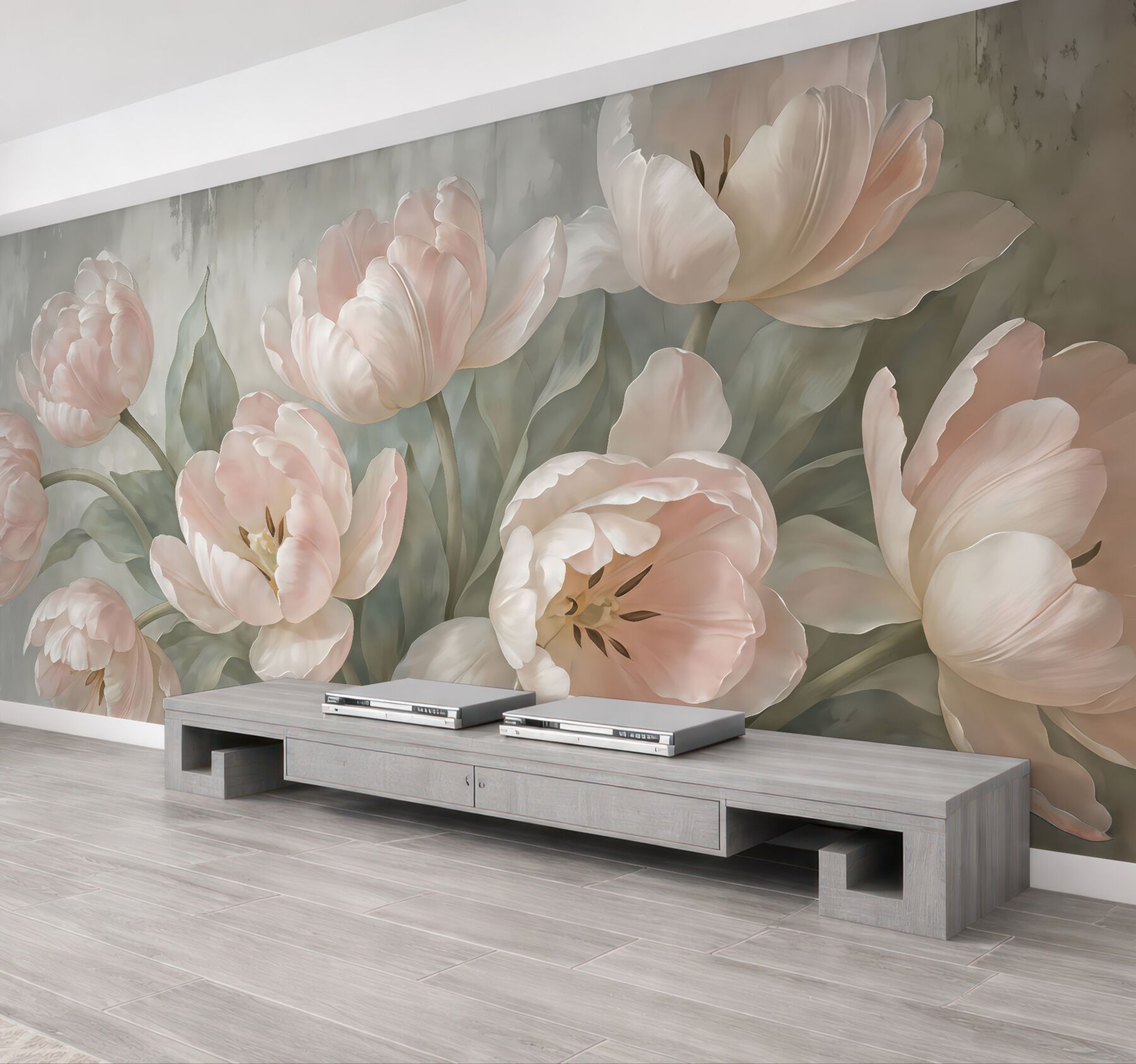 Fototapeta pudrowe tulipany w romantycznym bukiecie