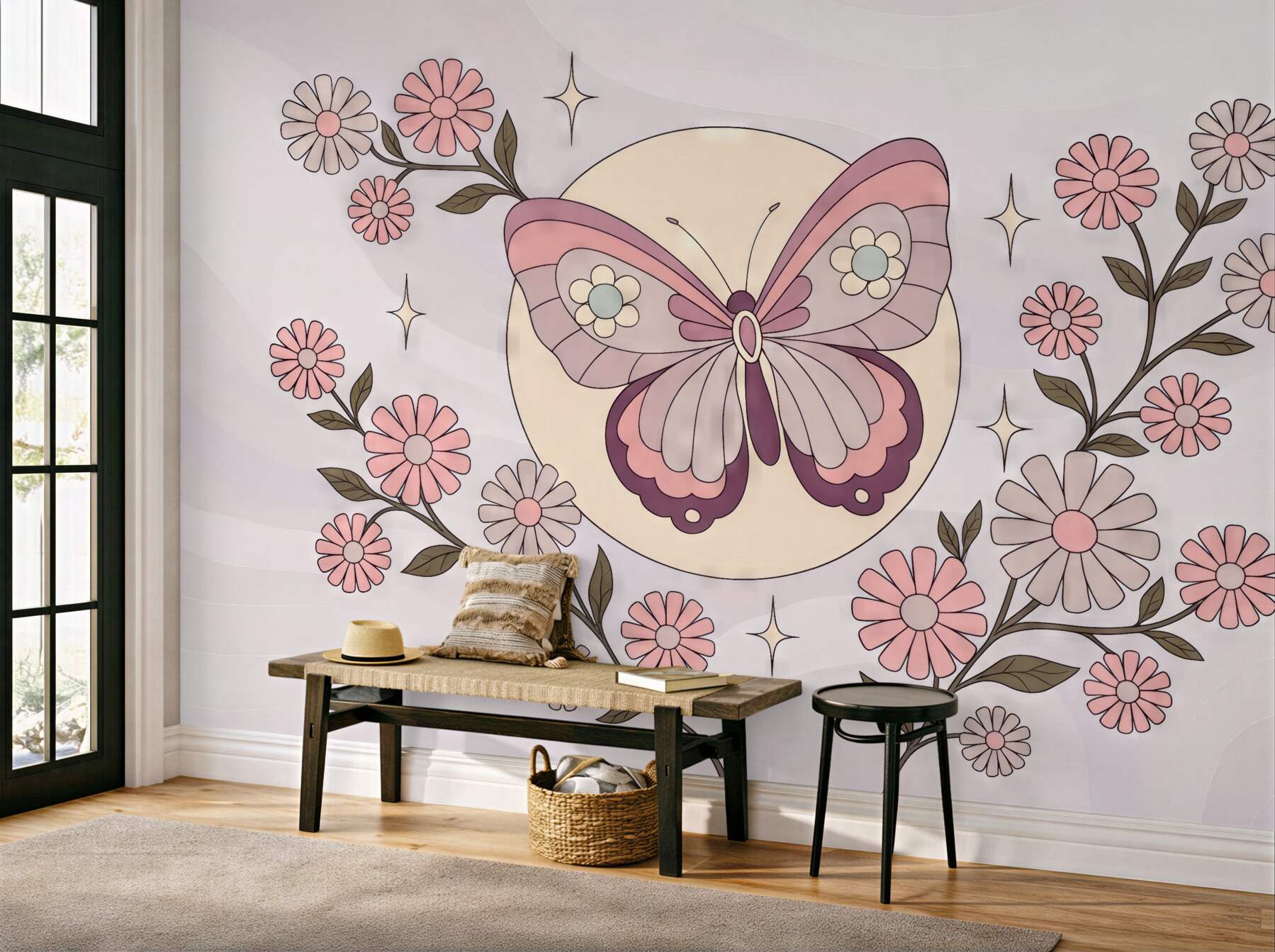 Fototapeta pastelowy motyl wśród kwiatów