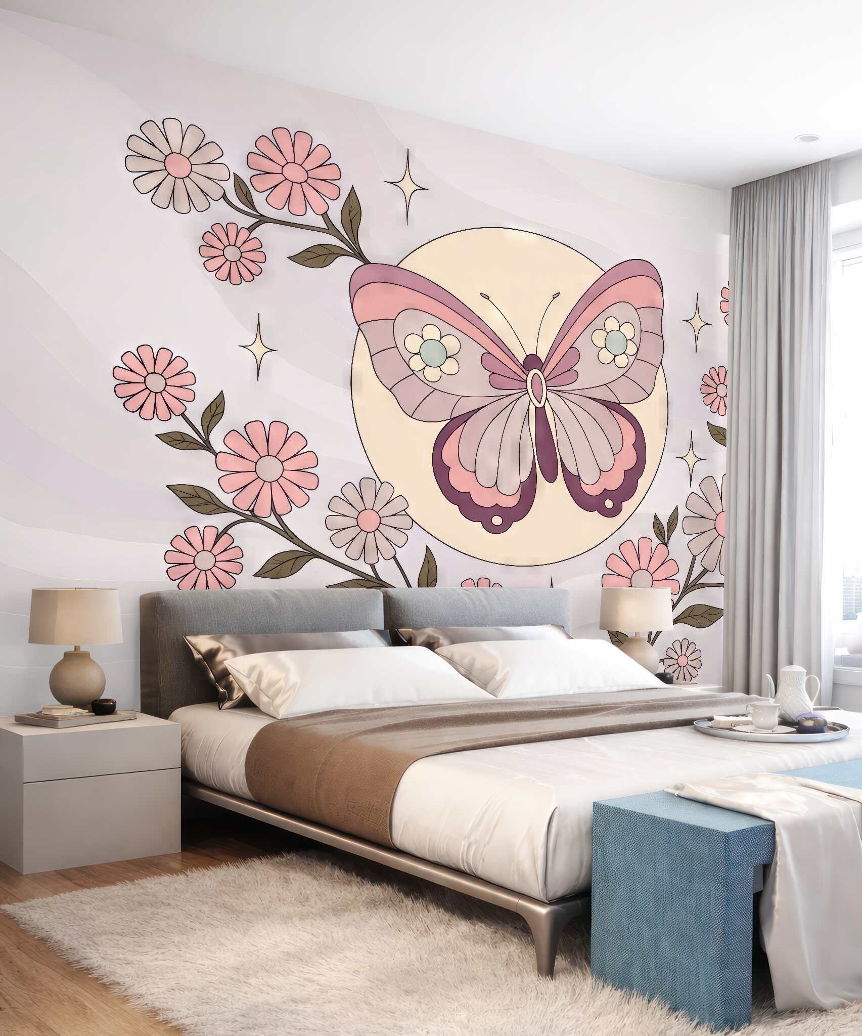 Fototapeta pastelowy motyl wśród kwiatów