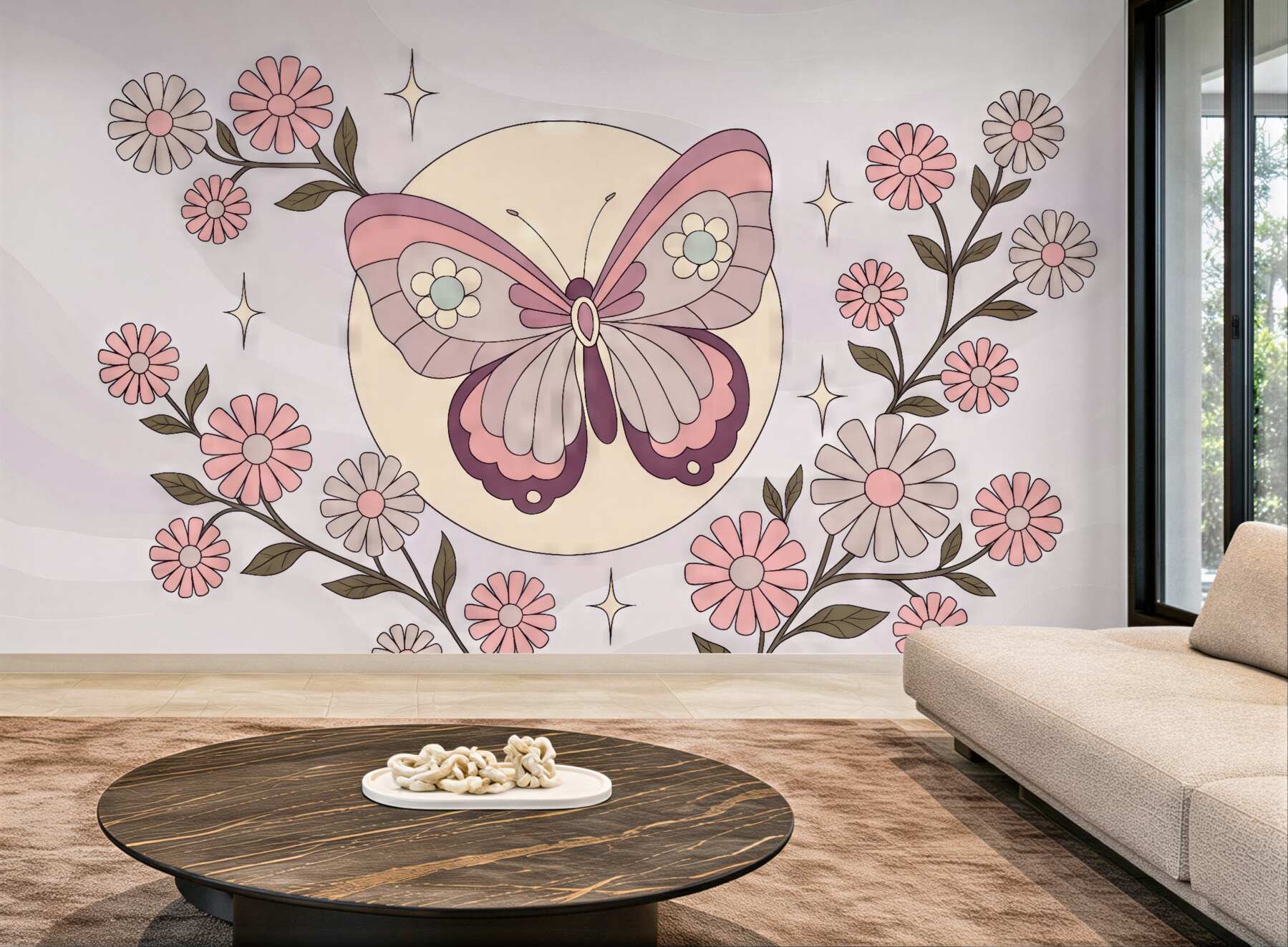 Fototapeta pastelowy motyl wśród kwiatów