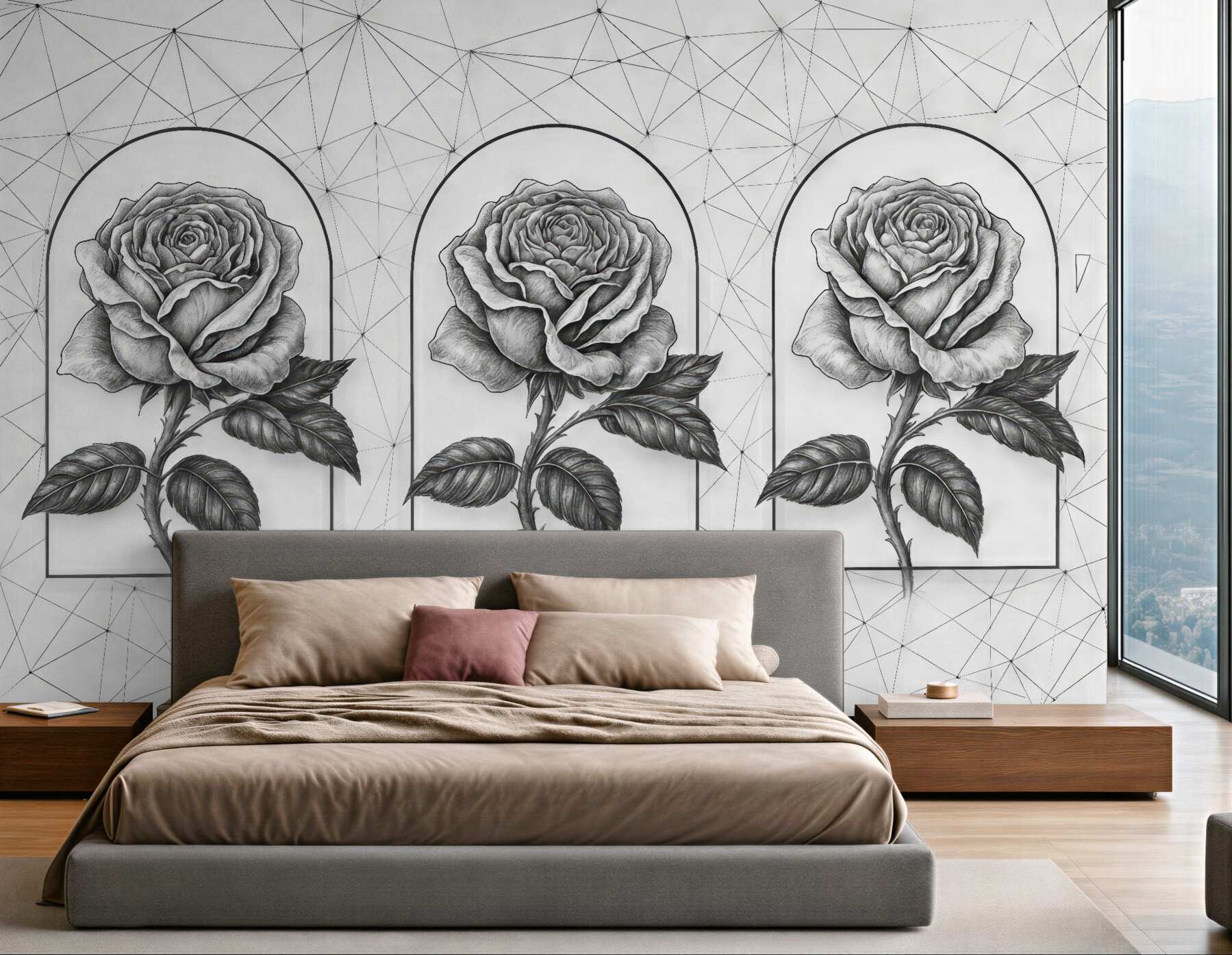 Fototapeta trzy róże w geometrycznych arkadach