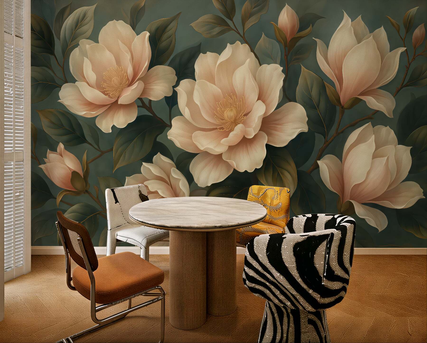 Fototapeta eleganckie magnolie na szmaragdowym tle