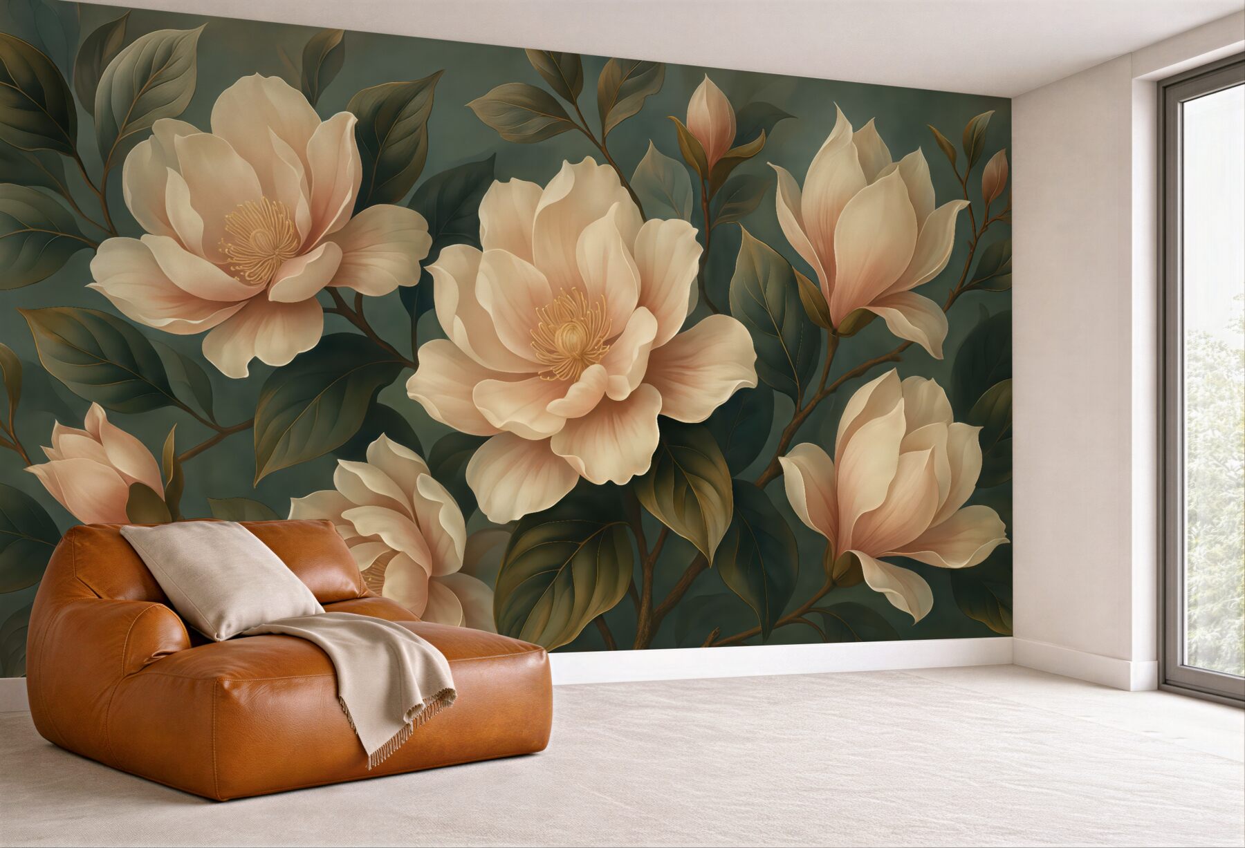 Fototapeta eleganckie magnolie na szmaragdowym tle